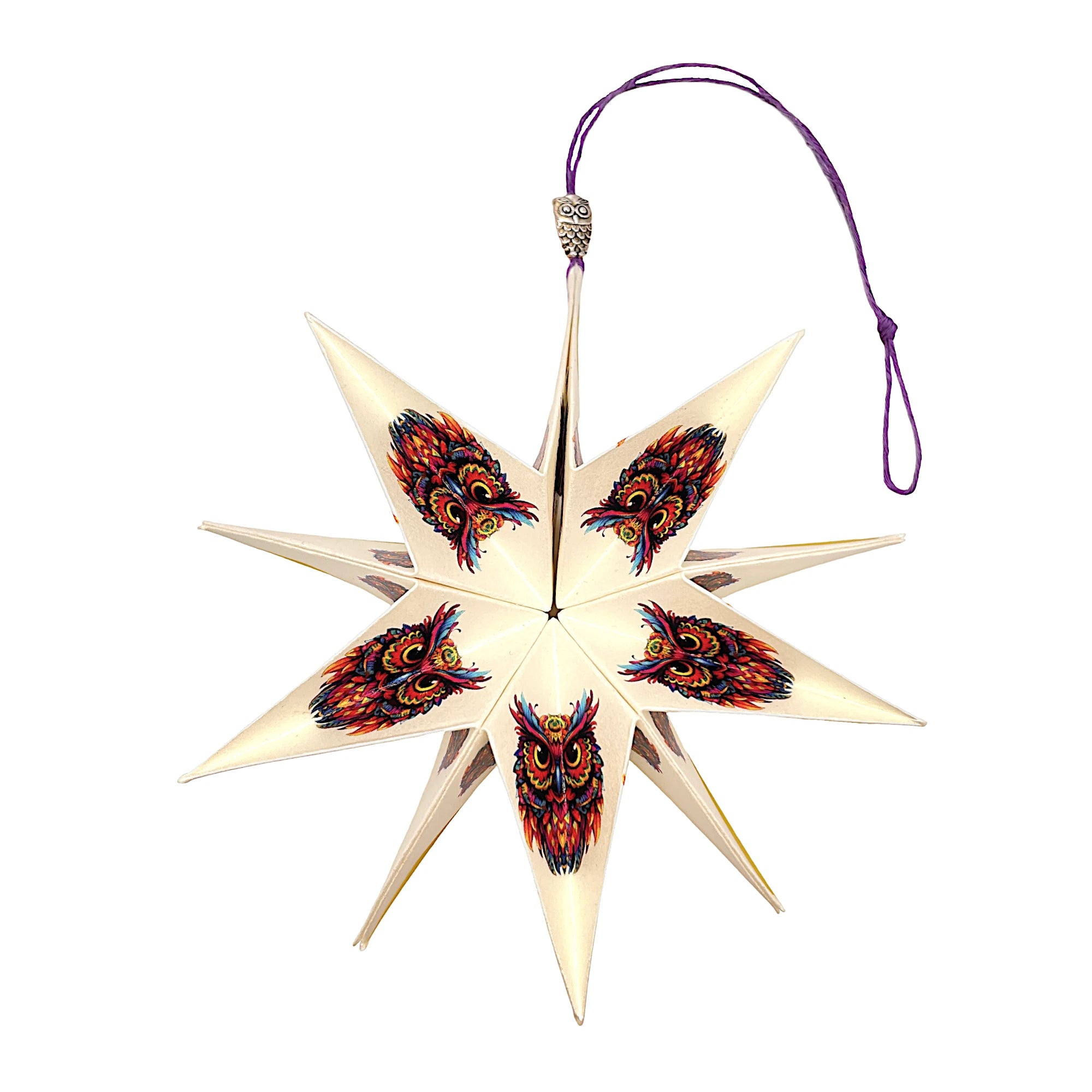 Handgefertigter Papierstern mit bunter Eule, kunstvoll gefaltet