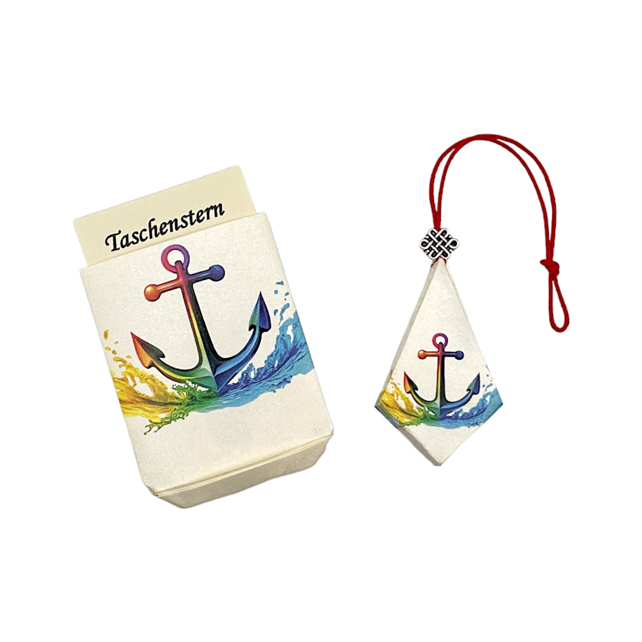 Zusammengelegter Papierstern mit buntem Anker-Design, verpackt im passenden Etui