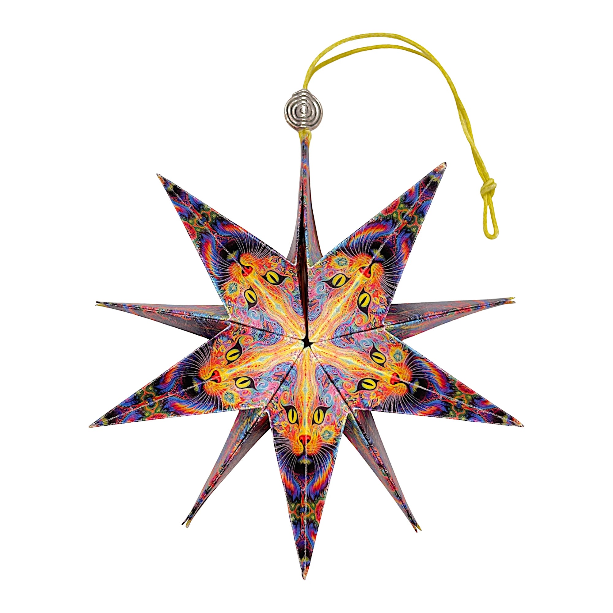 Aufgefalteter Papierstern mit farbenfrohem Katzenkopf-Motiv, kunstvoll gefertigt