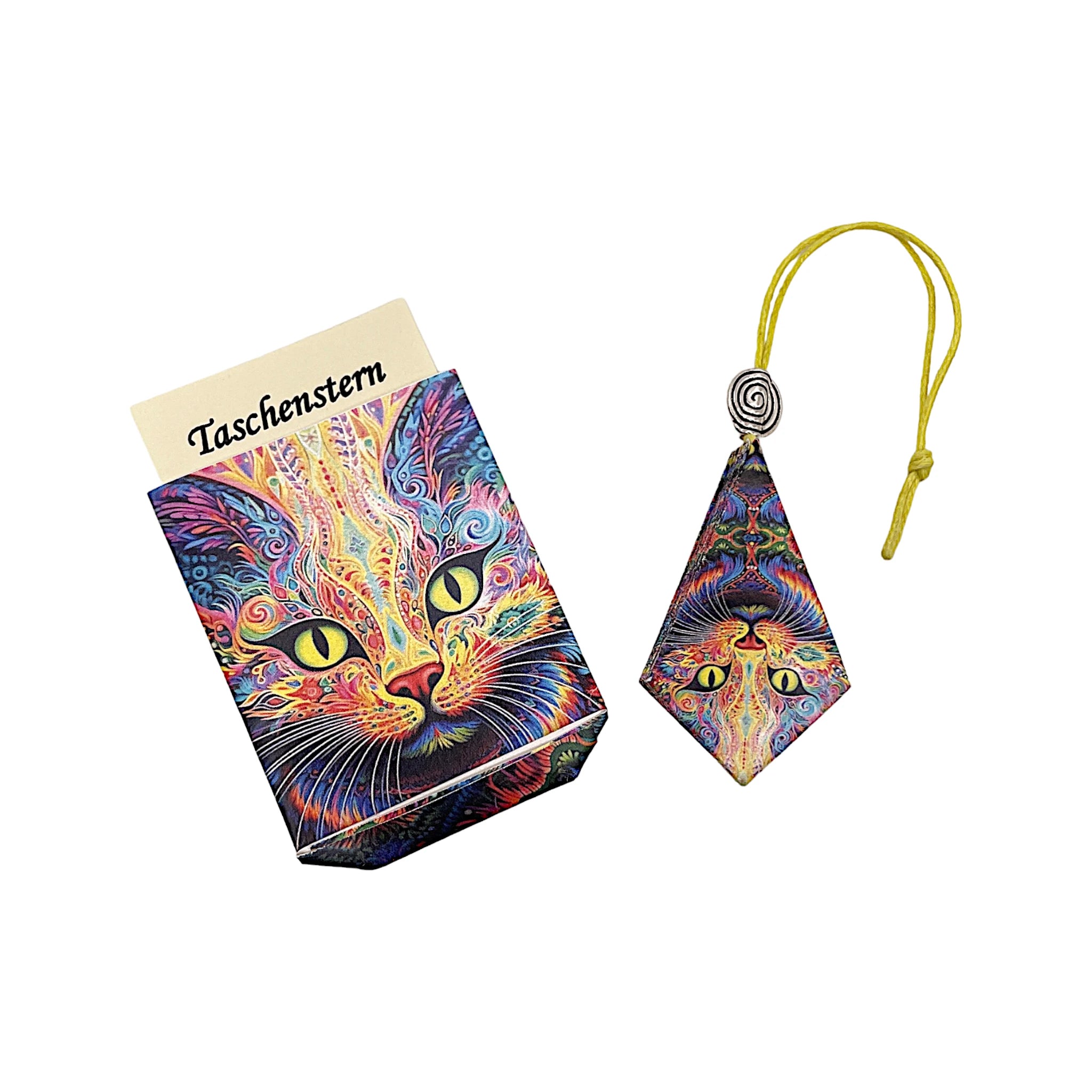 Zusammengelegter Papierstern mit buntem Design, stilvoll im Etui verpackt