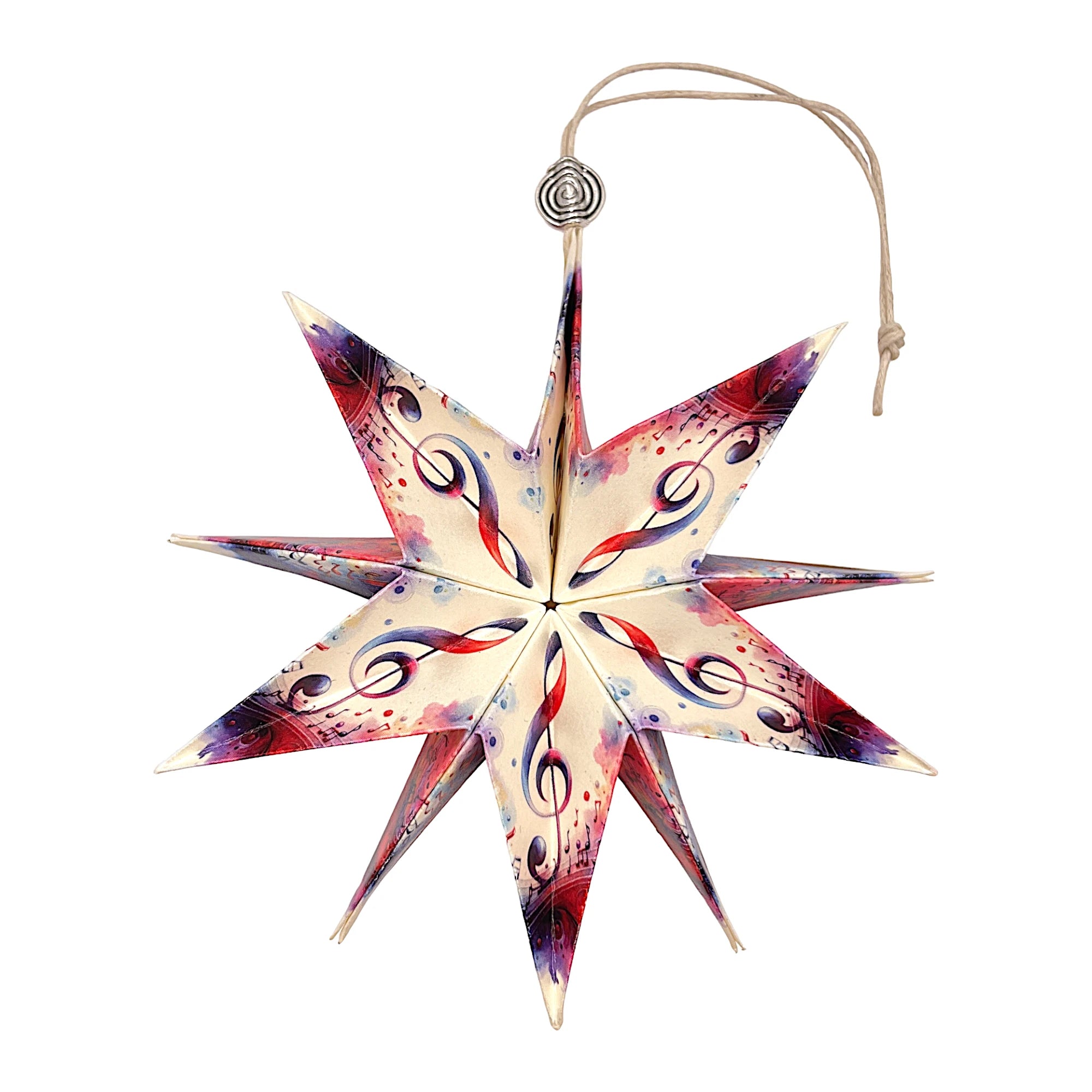 Papierstern mit buntem Notenschlüssel, kunstvoll entfaltet mit lebendigem Design