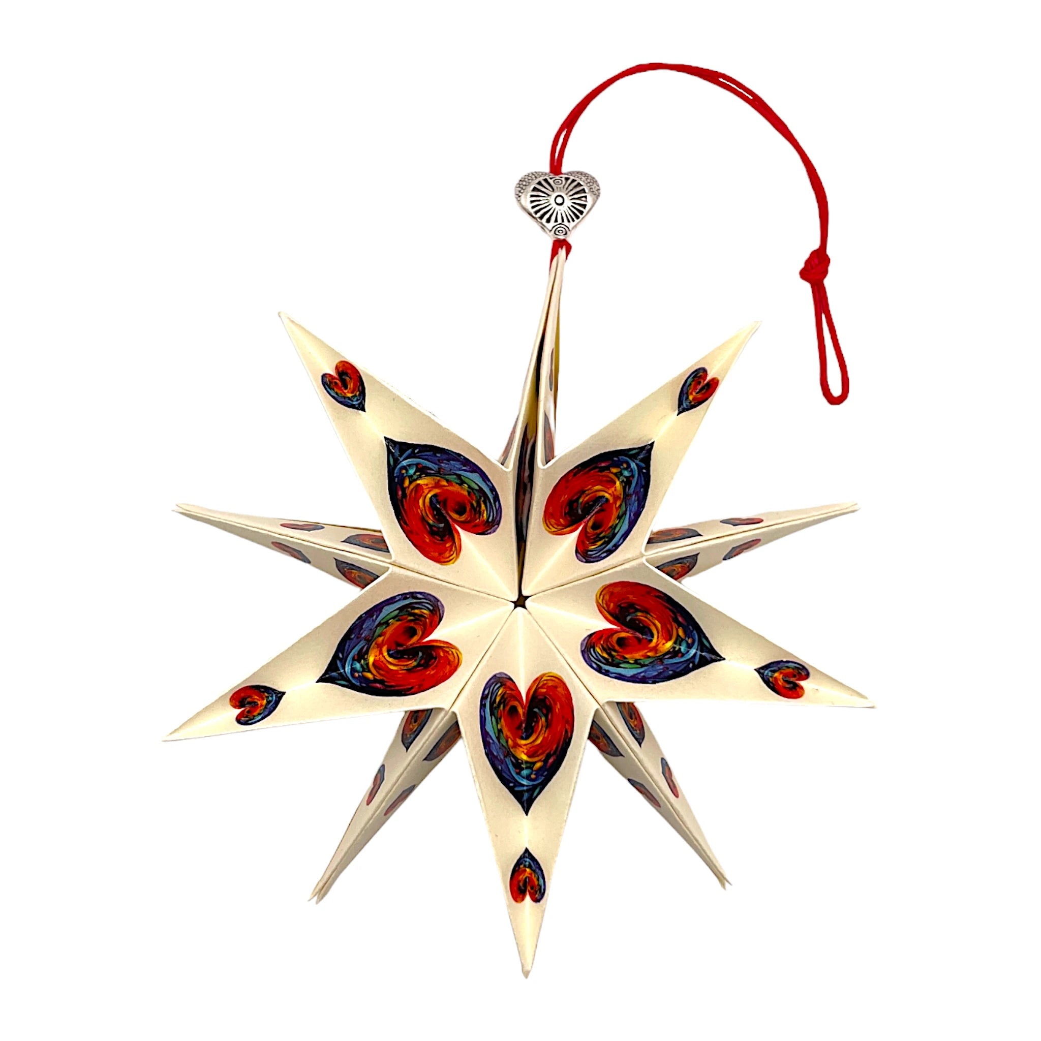 Papierstern mit farbenfrohem Herz-Motiv, kunstvoll gefaltet und dekorativ
