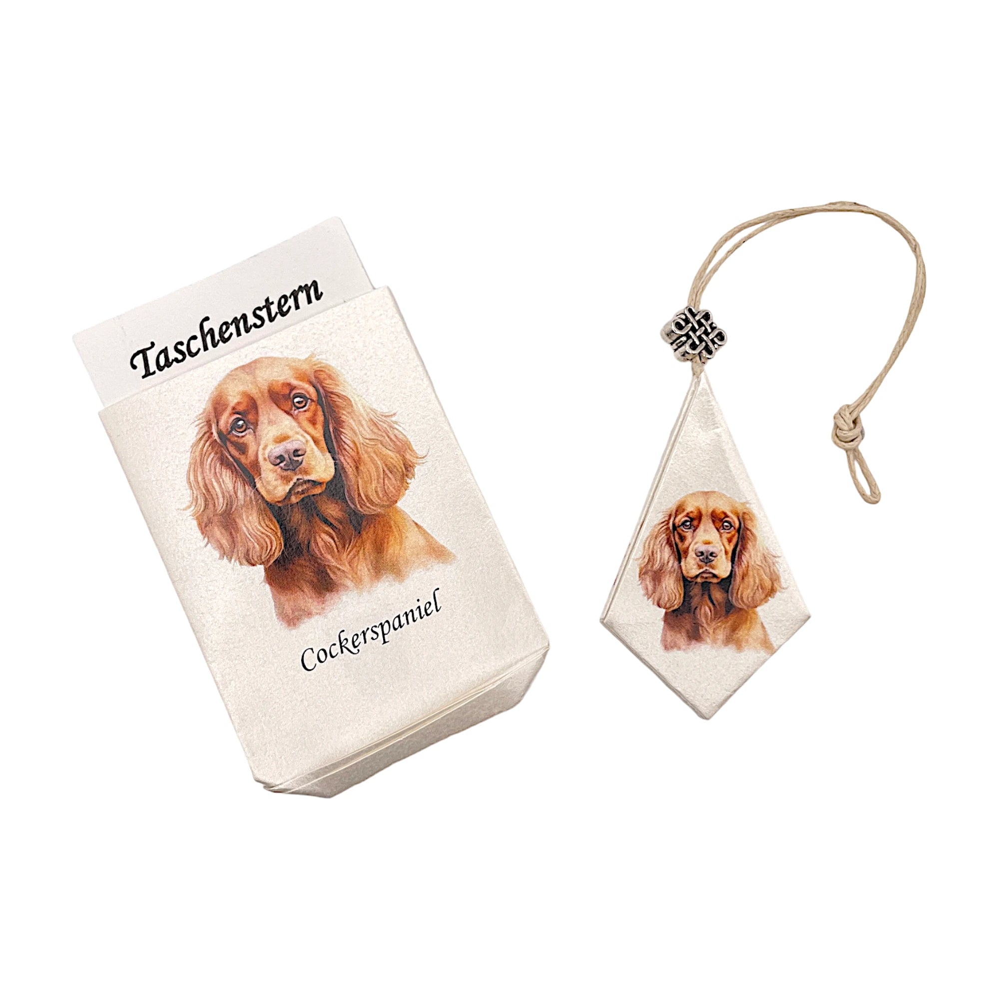 Faltstern-Taschenstern mit Cockerspaniel-Motiv, zusammengelegt im passenden Etui