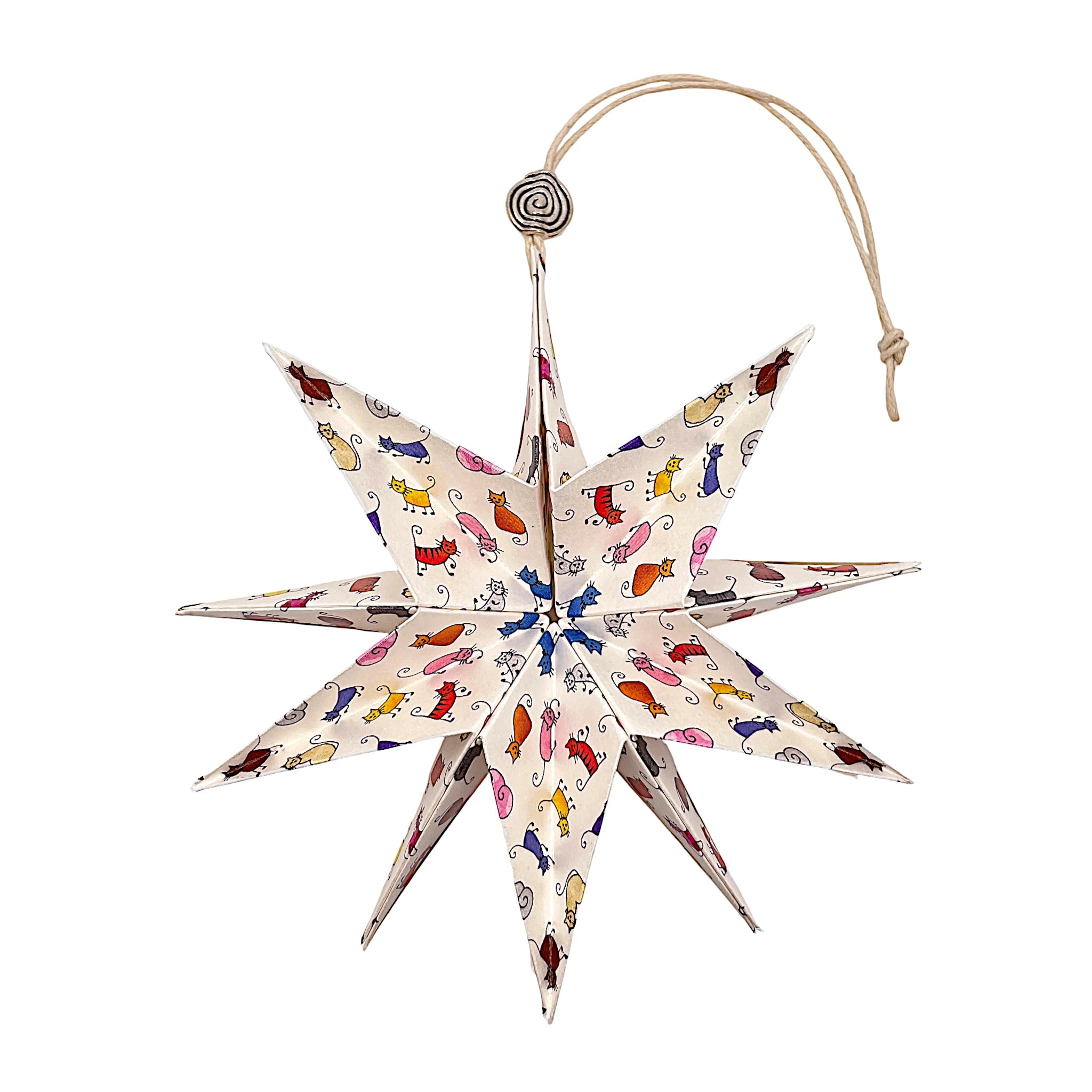 Aufgefalteter Papierstern mit vielen Comic-Katzen, kreativ gestaltet