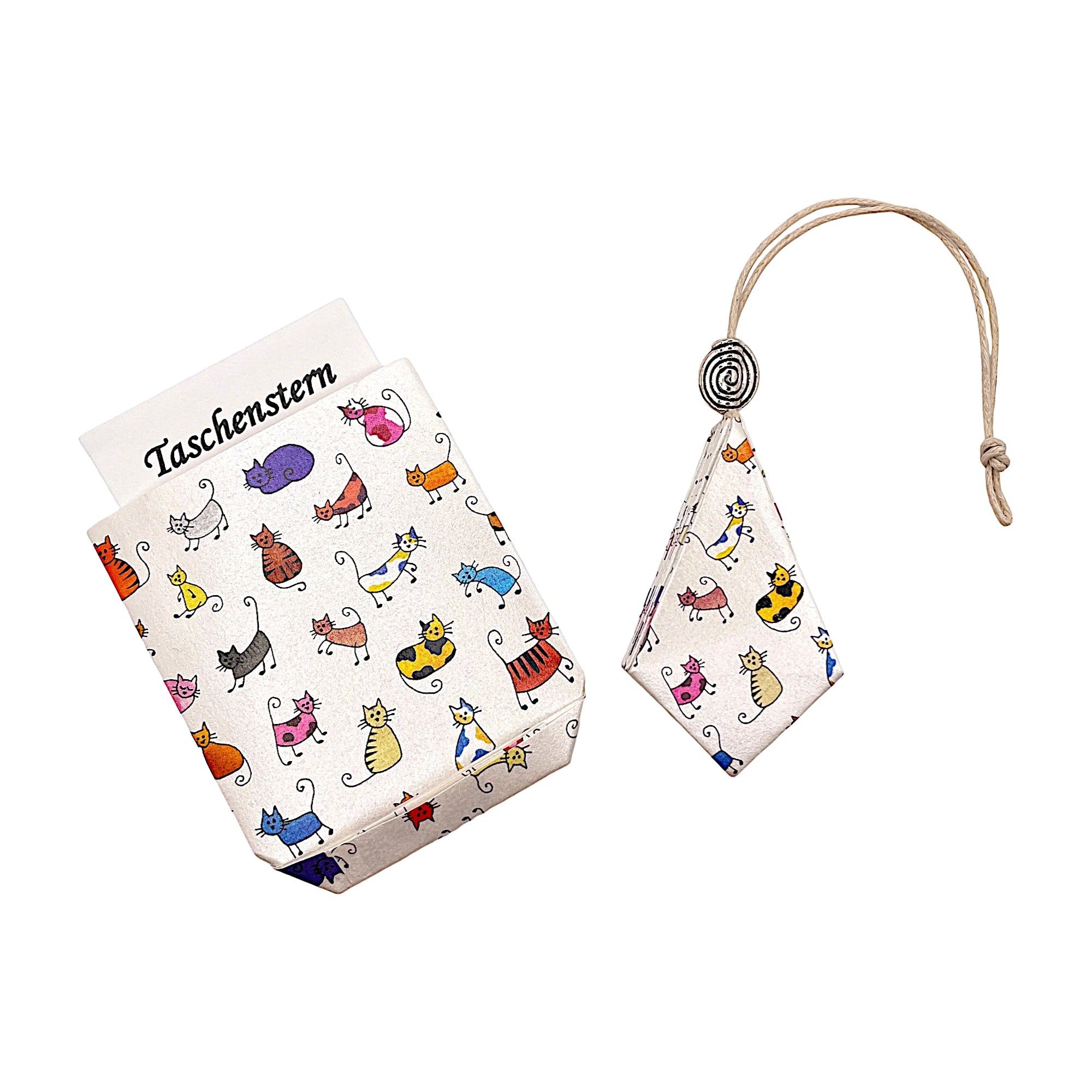 Zusammengelegter Papierstern mit Comic-Katzen-Motiv, sicher im Etui verstaut
