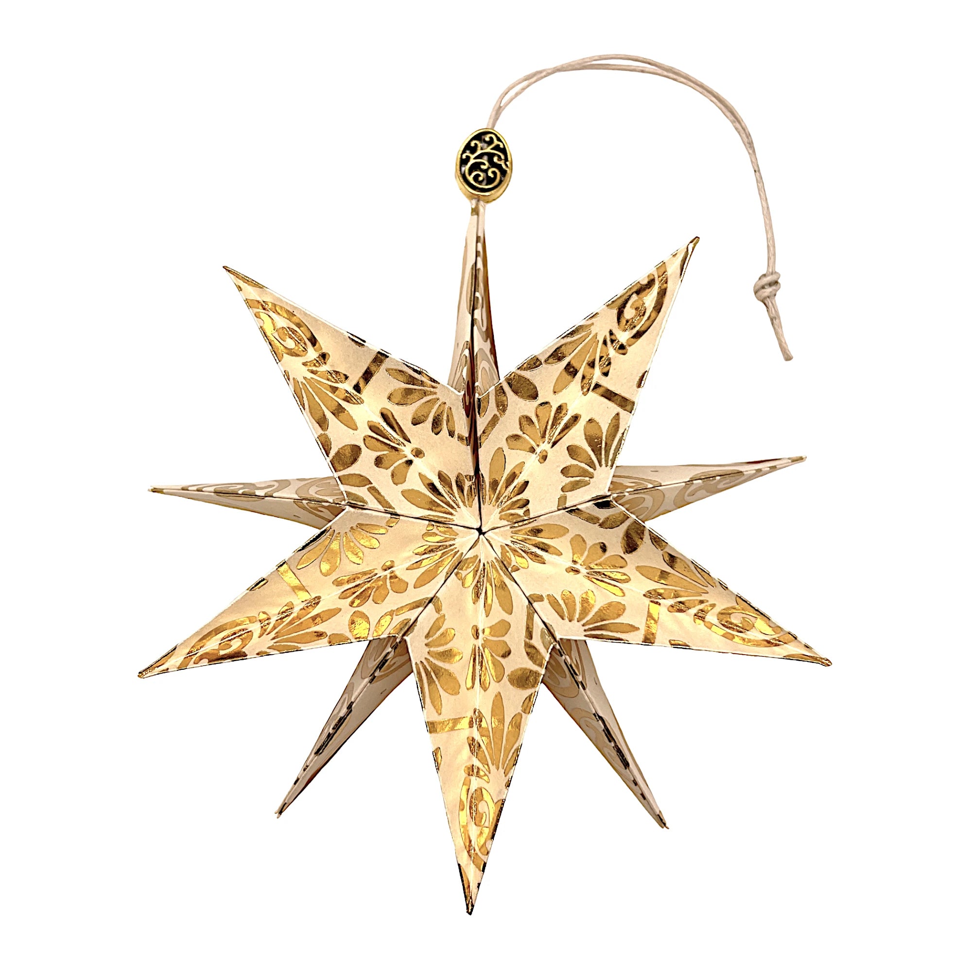 Papierstern in Creme mit glänzendem Golddruck – kunstvoll entfaltet und elegant