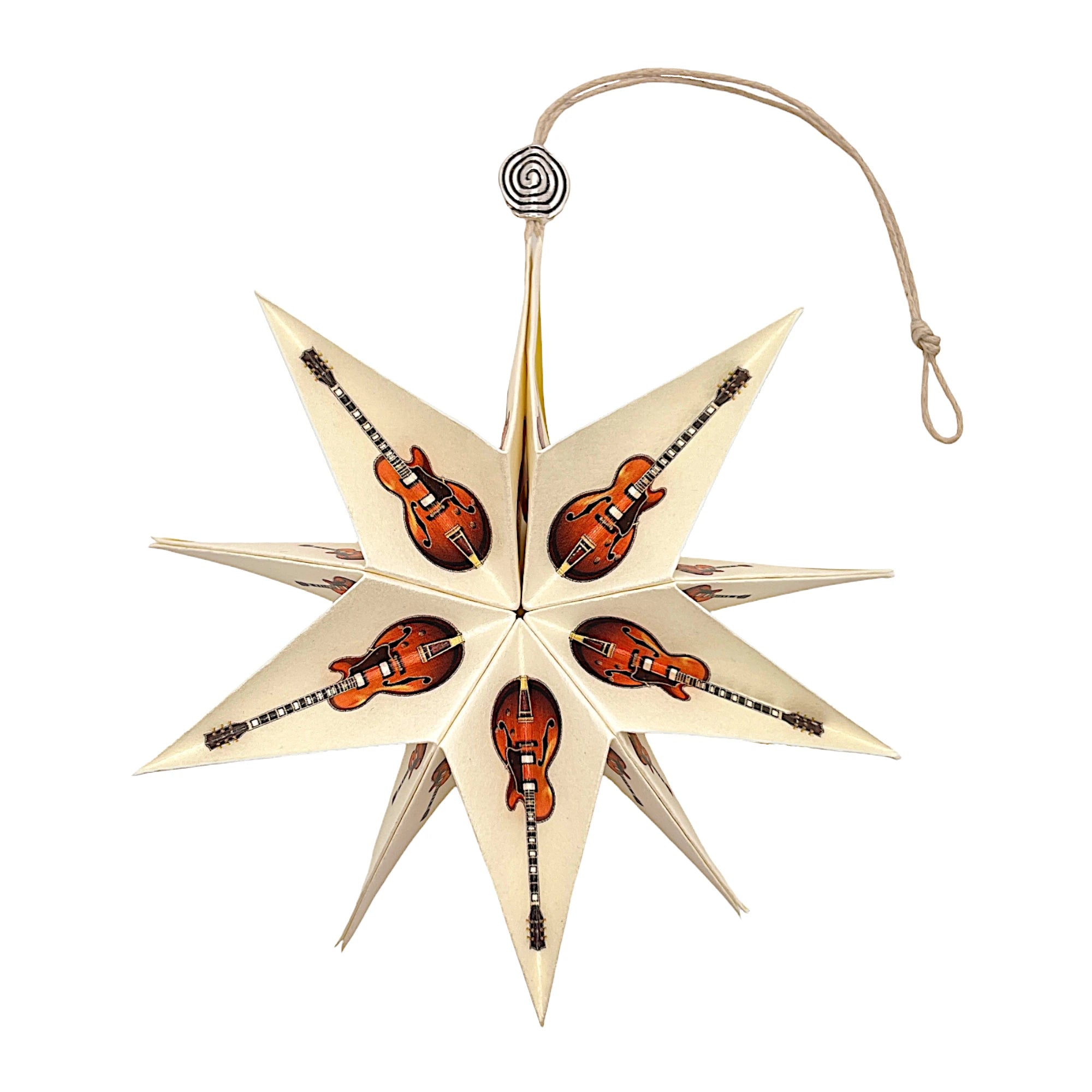Papierstern mit brauner E-Gitarre als Motiv, kunstvoll gefaltet und stilvoll
