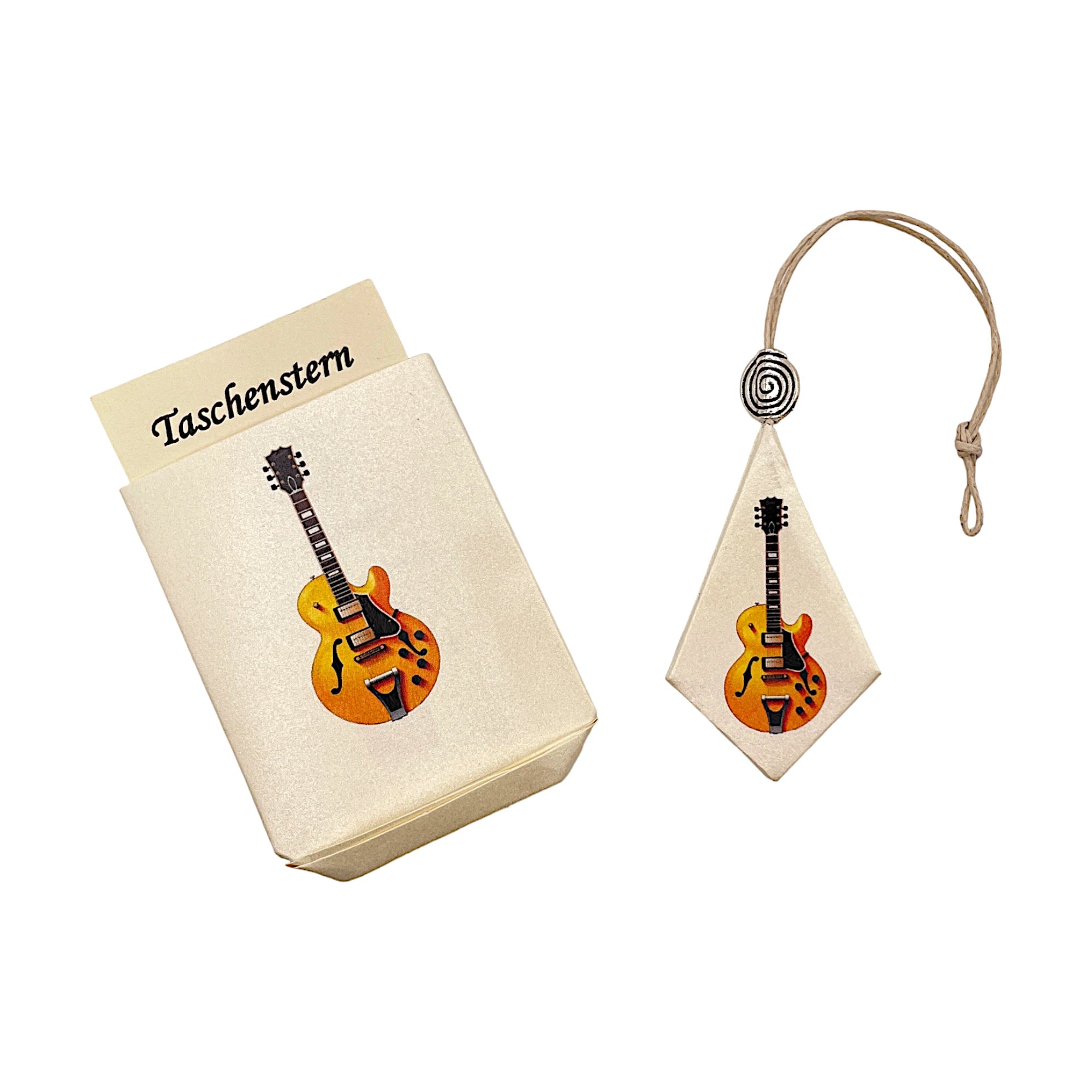Gefalteter Stern mit gelbem E-Gitarrenmotiv, kompakt verstaut im Etui mit passender Hülle