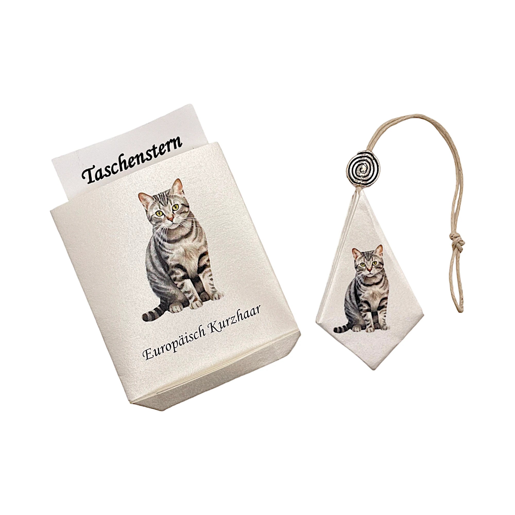 Zusammengelegter Papierstern mit Katzenmotiv, sorgfältig im Etui verpackt