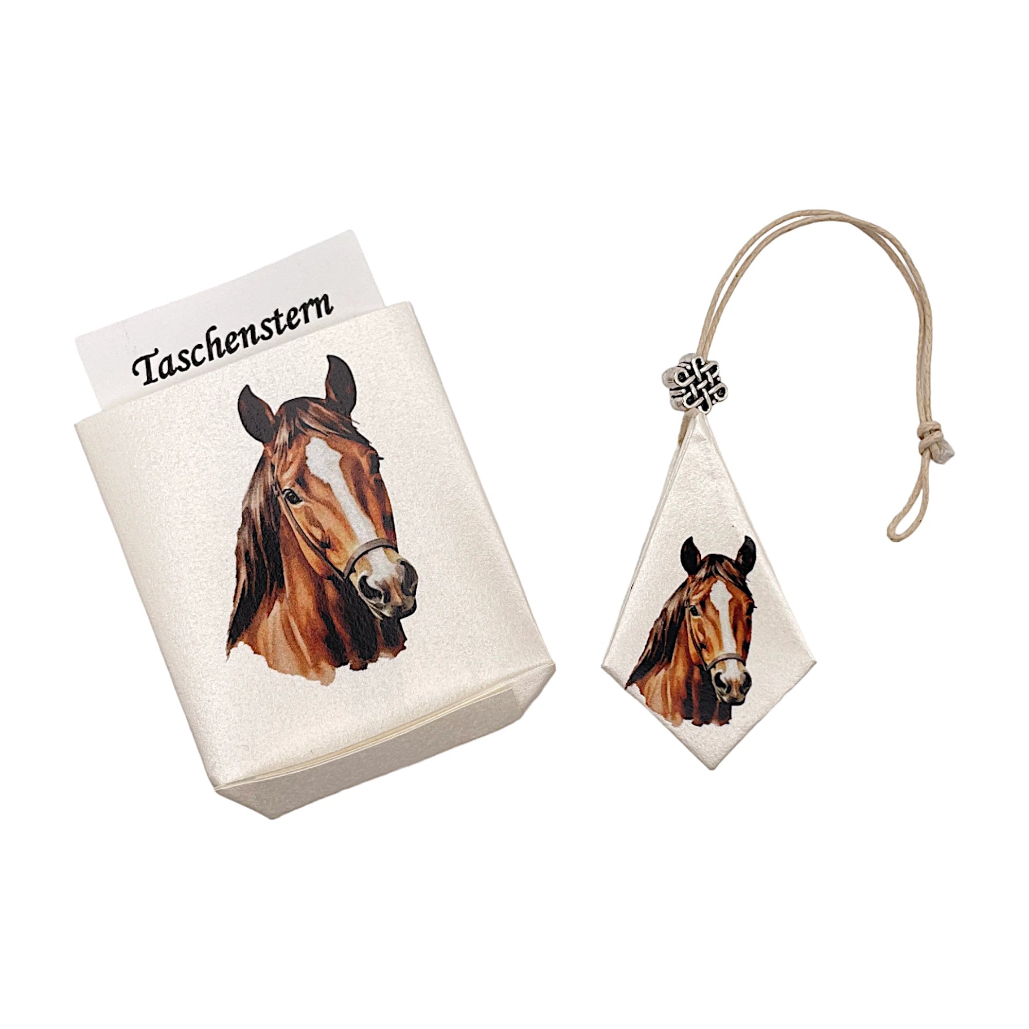 Faltstern-Taschenstern mit Fuchs-Pferdemotiv, zusammengelegt im passenden Etui