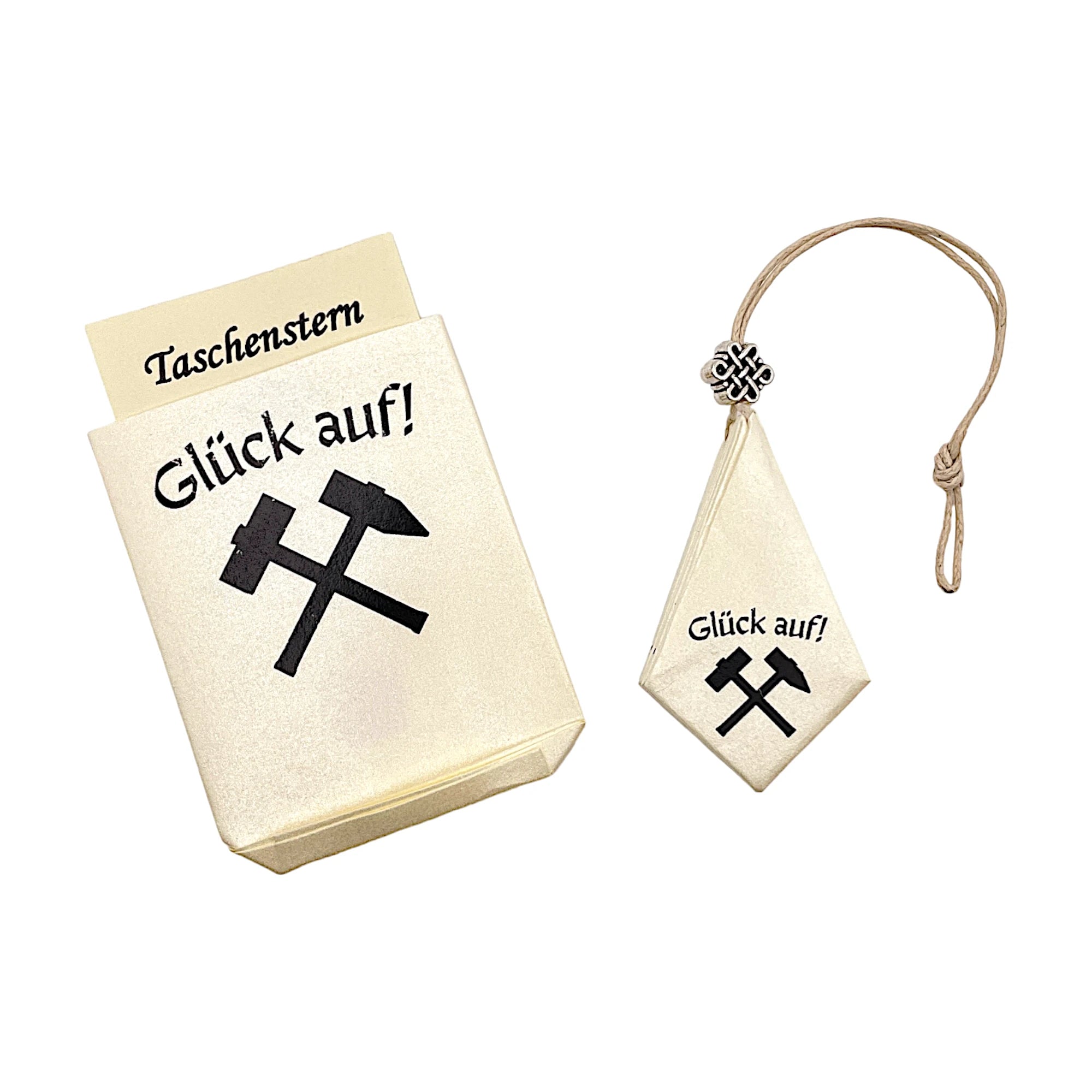 Zusammengelegter Papierstern mit Bergmannssymbol, sicher im Etui verstaut