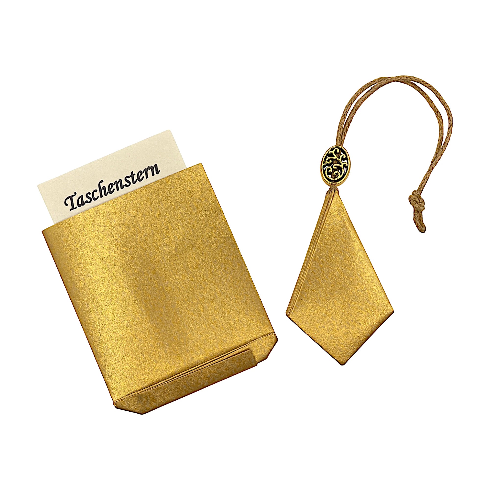 Zusammengelegter goldfarbener Papierstern mit glänzender Oberfläche, sicher im Etui verstaut