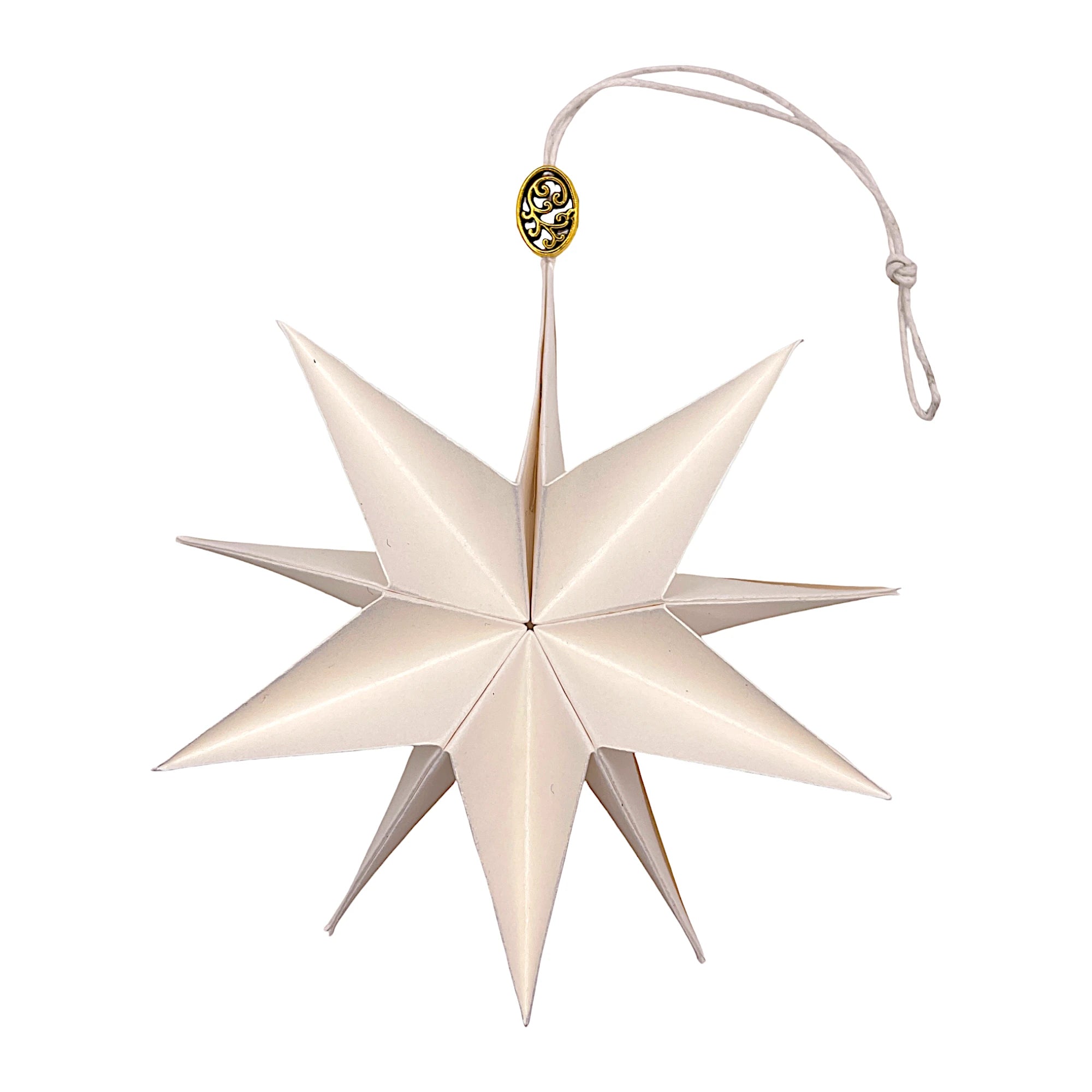 Papierstern in Gold-Weiß mit feinem Schimmer, kunstvoll entfaltet für festliche Deko