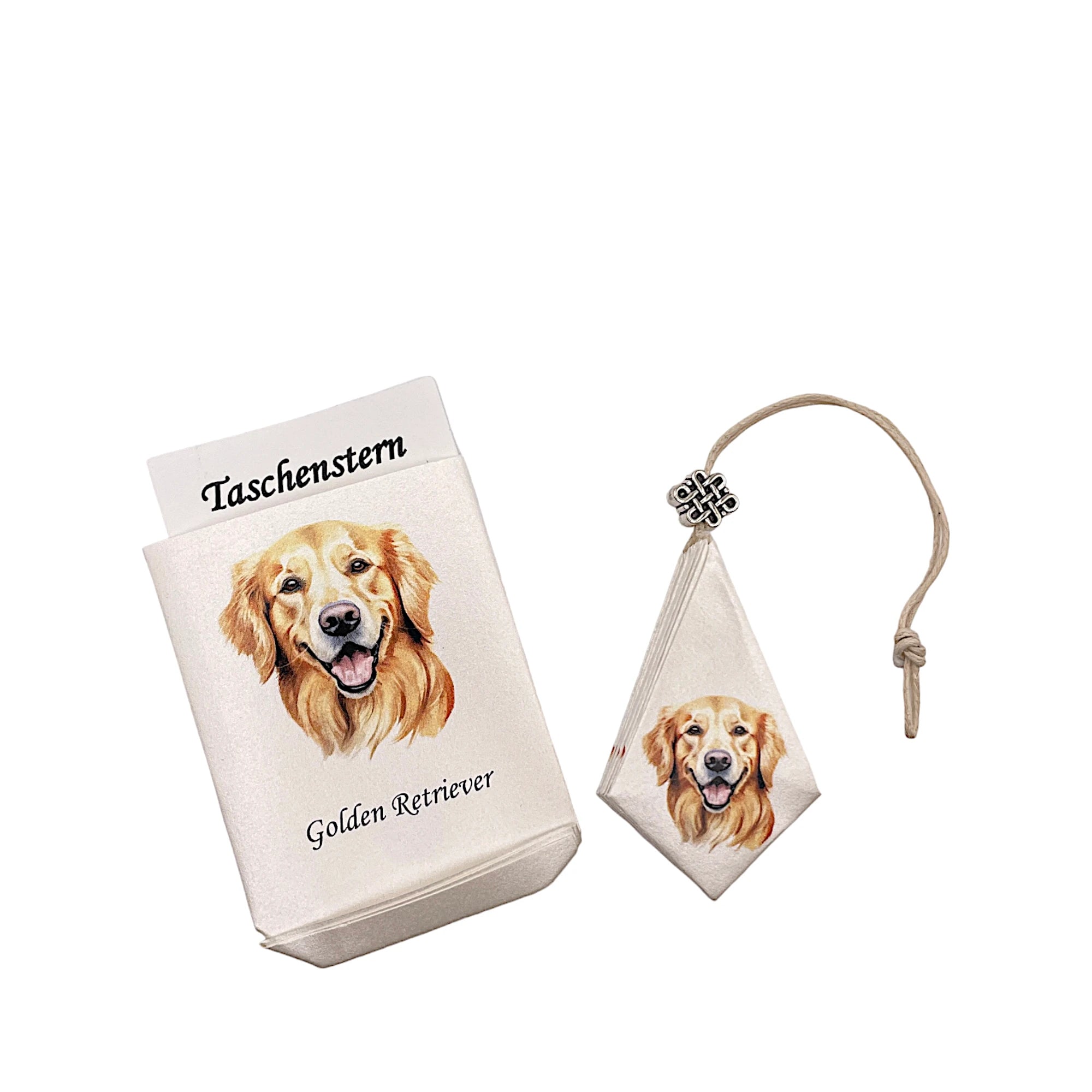 Faltstern-Taschenstern mit Golden Retriever-Motiv, zusammengelegt im passenden Etui