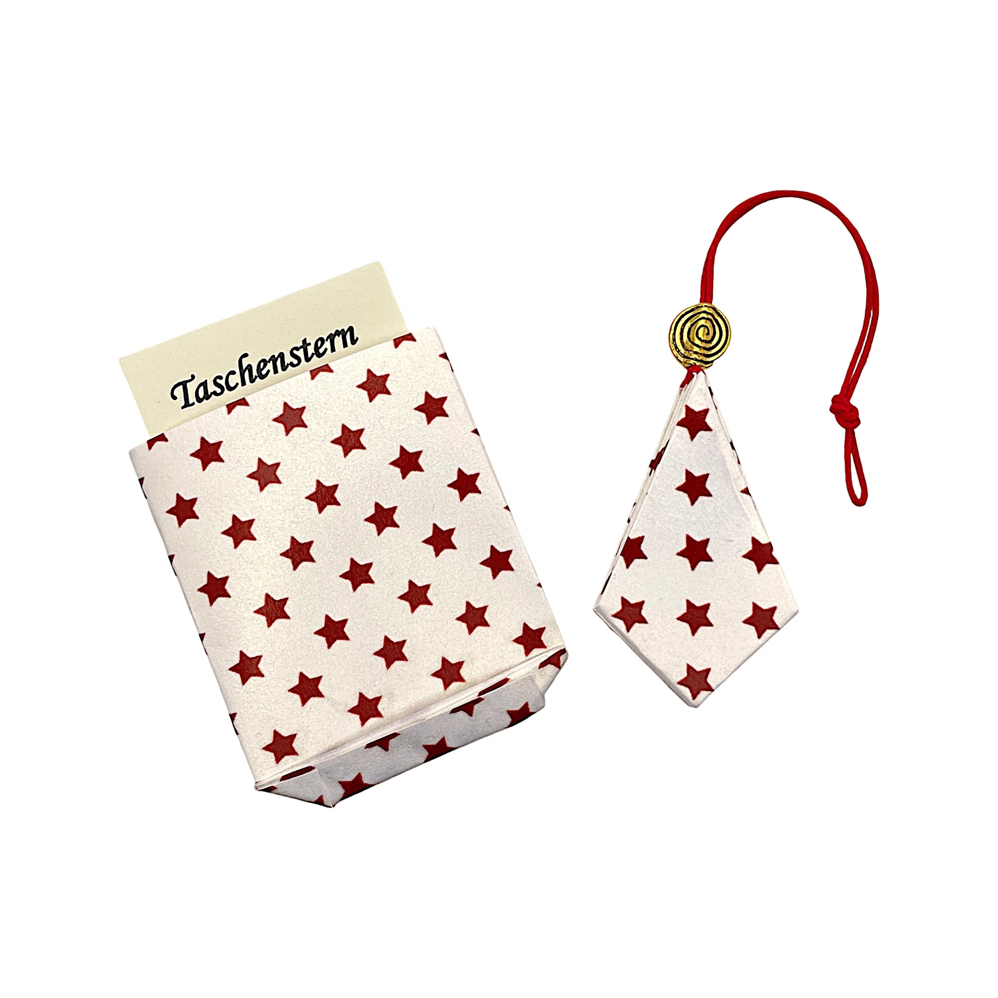 Papierstern Goldweiß mit dunkelroten Sternen, zusammengeklappt mit passendem Etui.