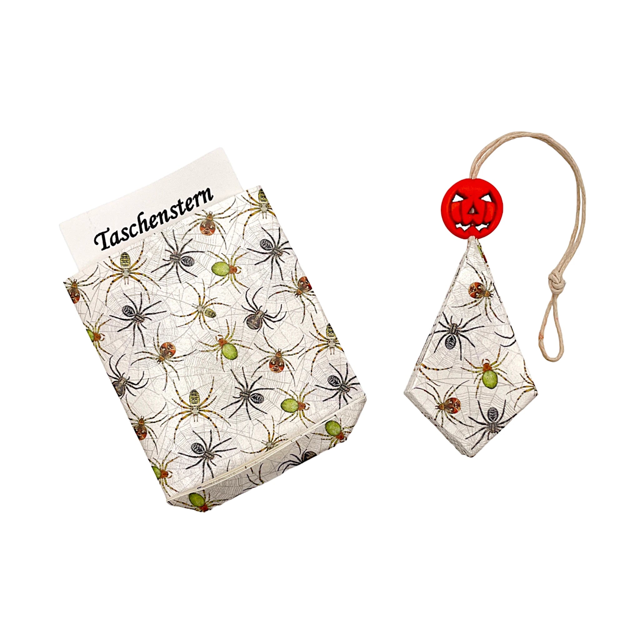 Zusammengelegter Papierstern mit Spinnenmotiv, sicher im Etui verstaut