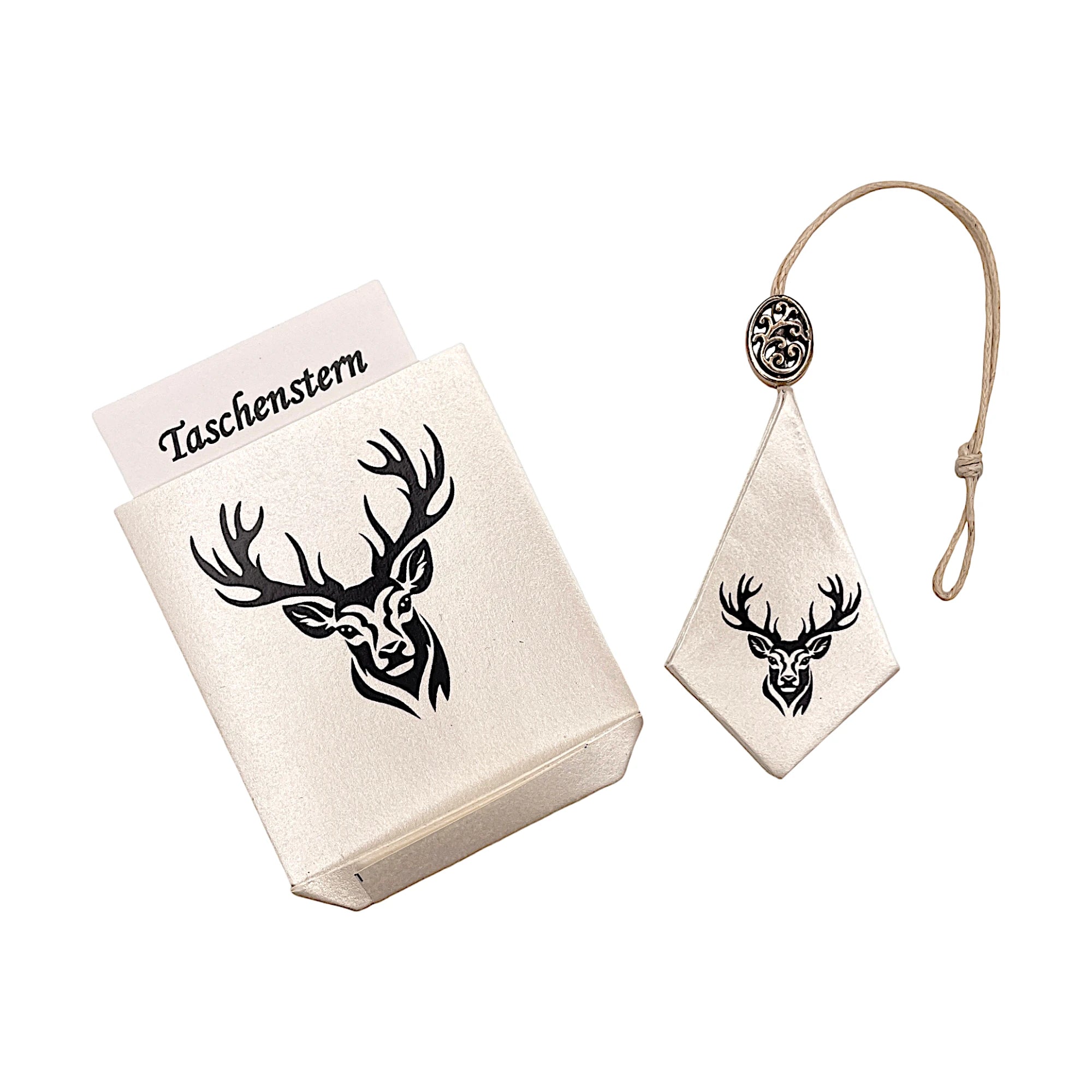 Faltstern-Taschenstern mit Hirschmotiv, zusammengelegt im passenden Etui