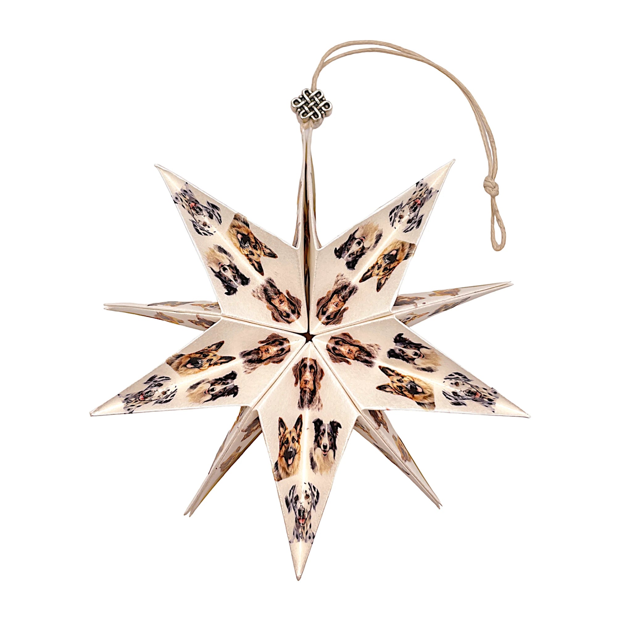 Handgefertigter Papierstern mit Motiven verschiedener Hunderassen, kunstvoll gefaltet