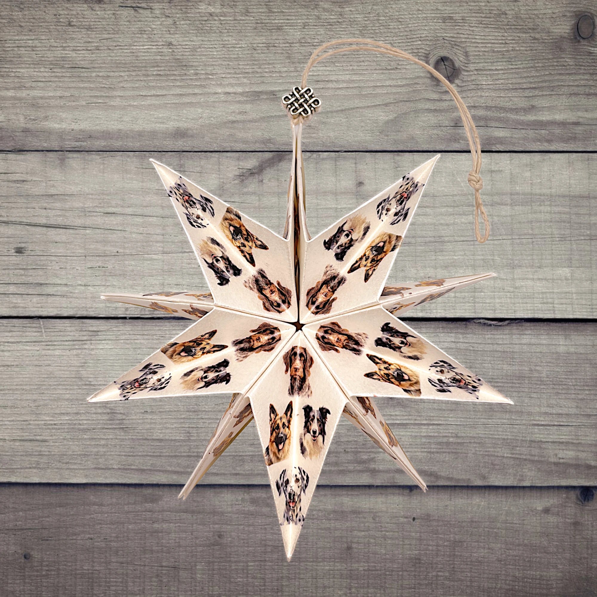 Papierstern mit verschiedenen Hunderassen, dekorativ auf rustikalem Holztisch präsentiert