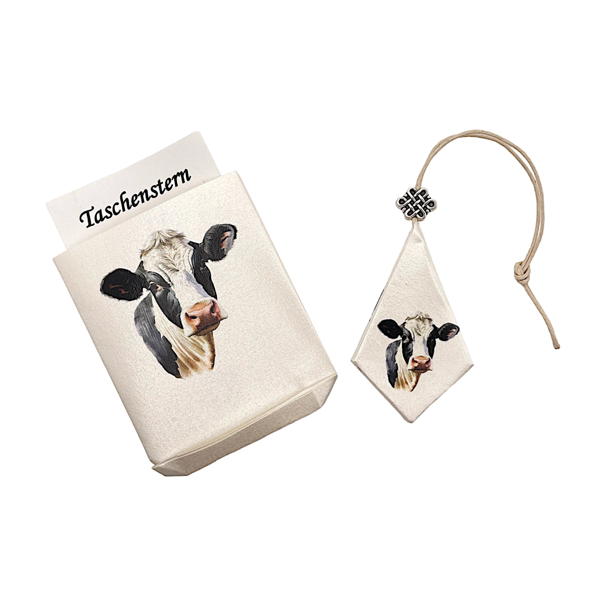 Faltstern-Taschenstern mit Schwarzbunt-Kuhmotiv, zusammengelegt im passenden Etui