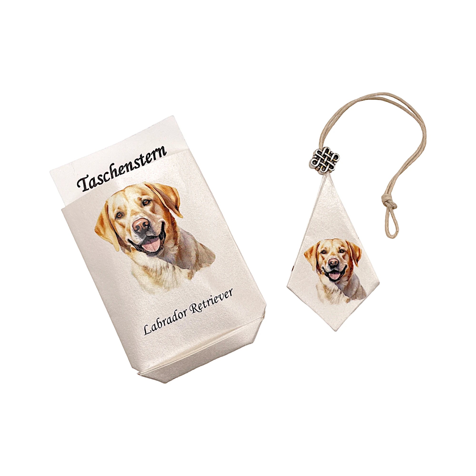 Faltstern-Taschenstern mit Labrador-Motiv, zusammengelegt im passenden Etui