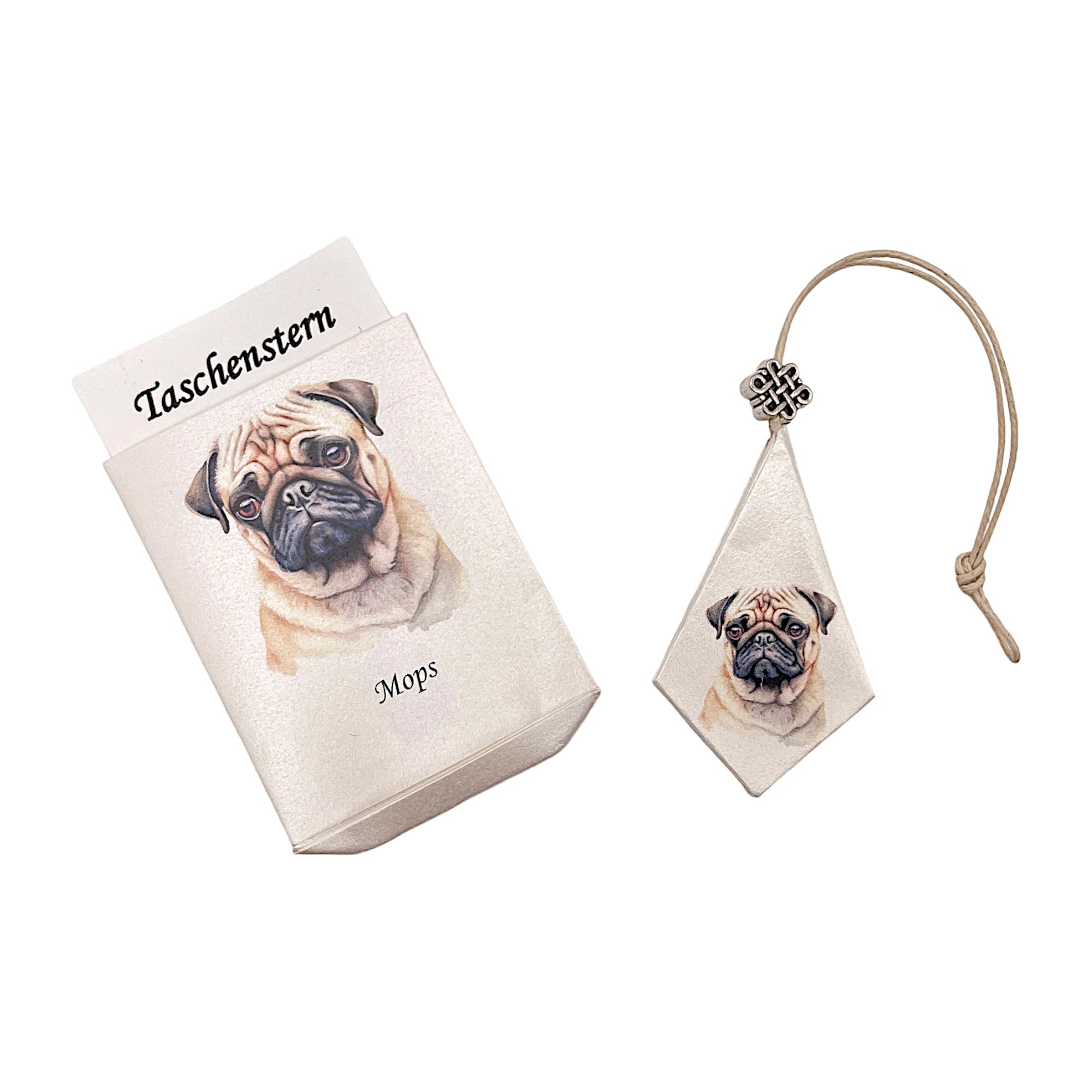Faltstern-Taschenstern mit Mops-Motiv, zusammengelegt im passenden Etui