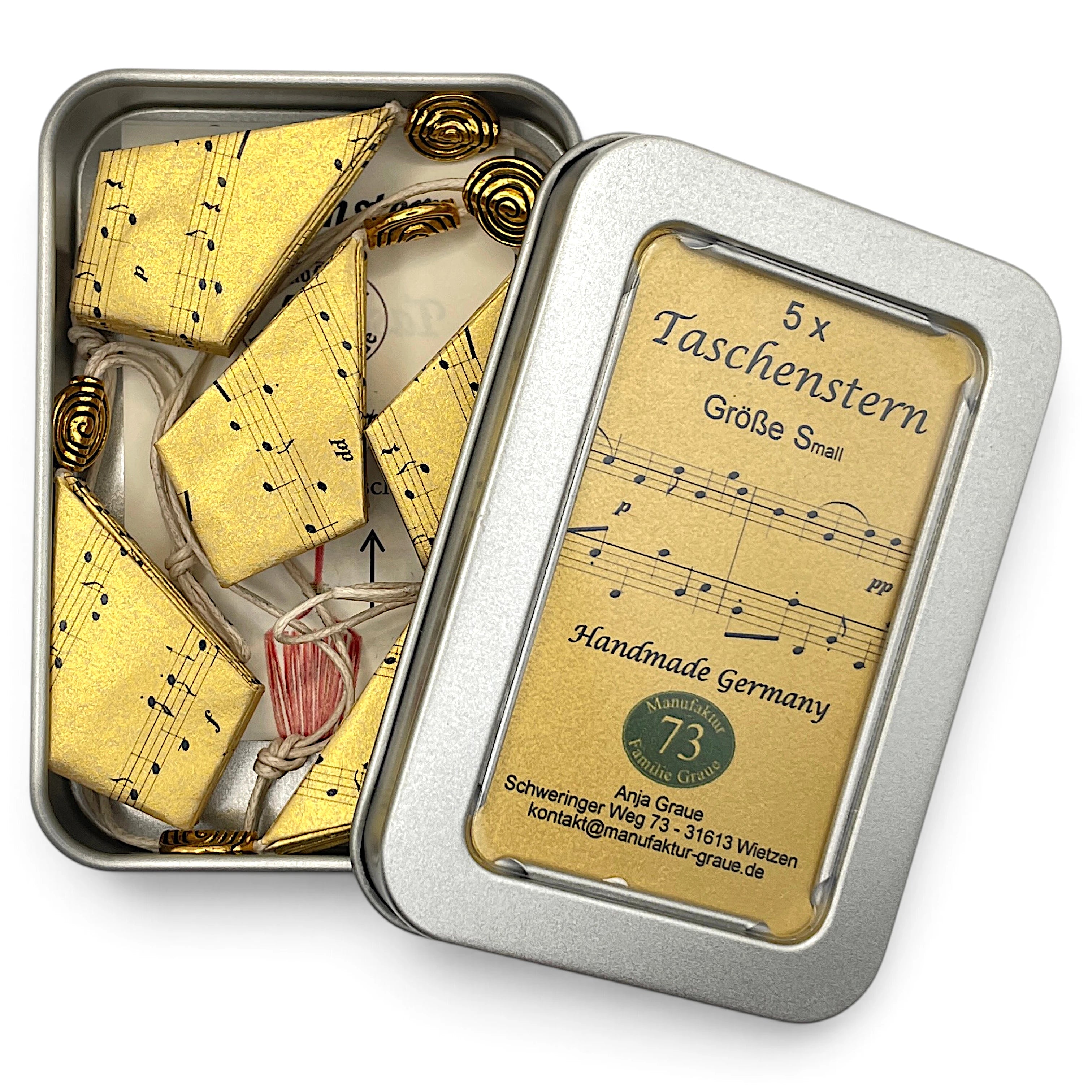 Papierstern Noten Mini in Gold – handgefalteter Stern mit Notenmotiv