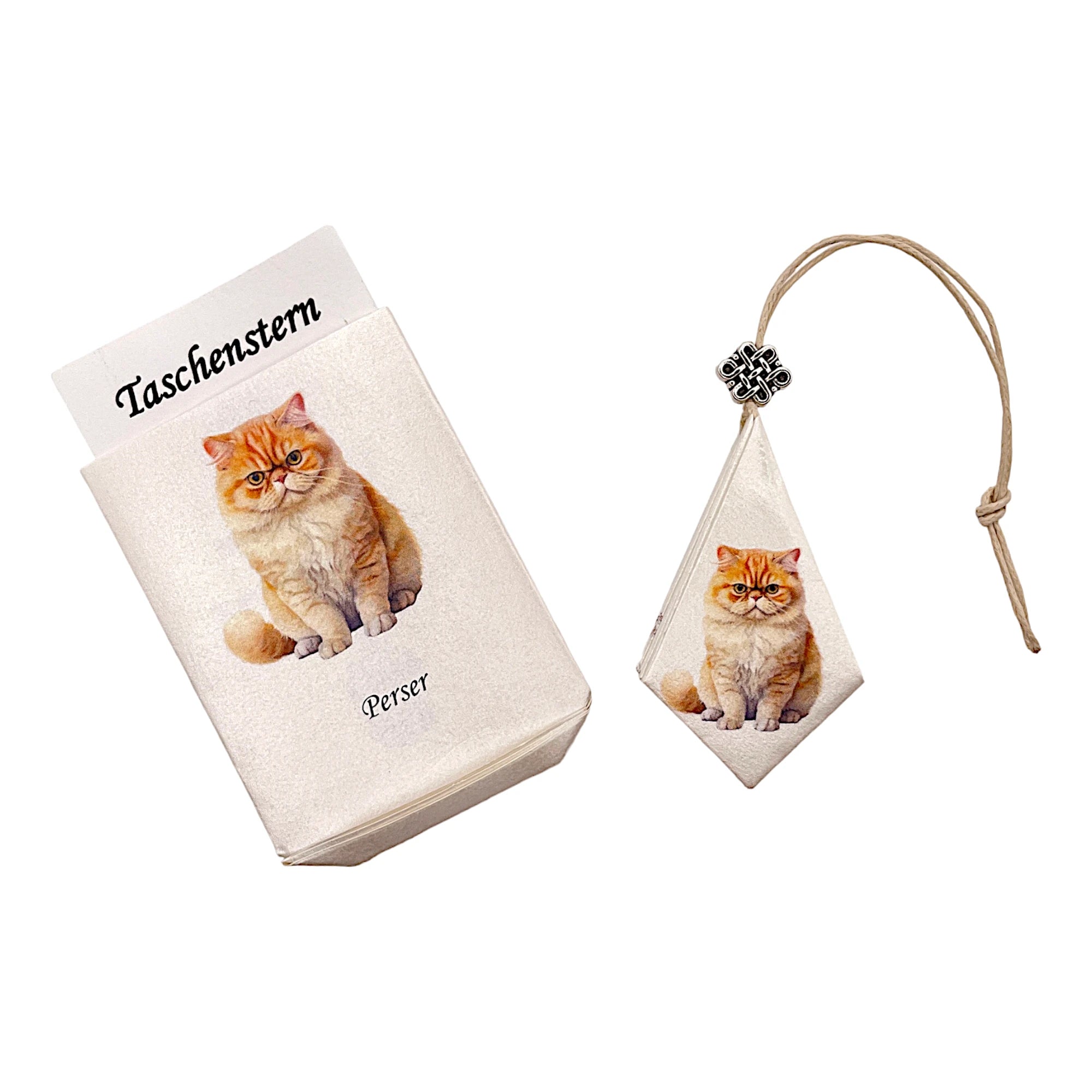 Faltstern-Taschenstern mit Perserkatzen-Motiv, zusammengelegt im passenden Etui
