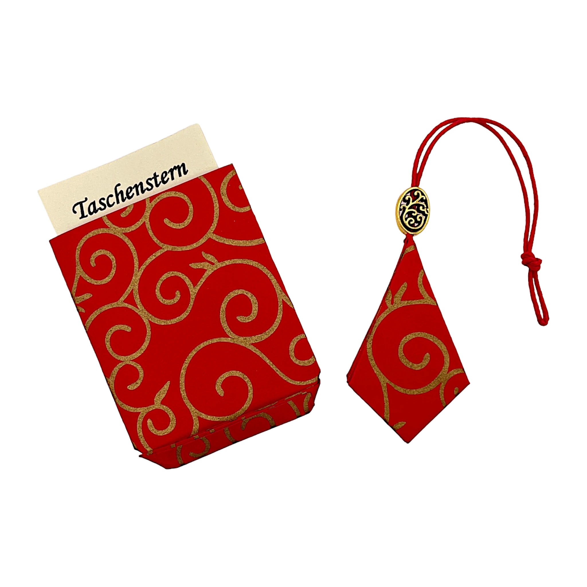 Gefalteter Papierstern in Rot mit Goldmotiv, stilvoll verpackt im passenden Etui