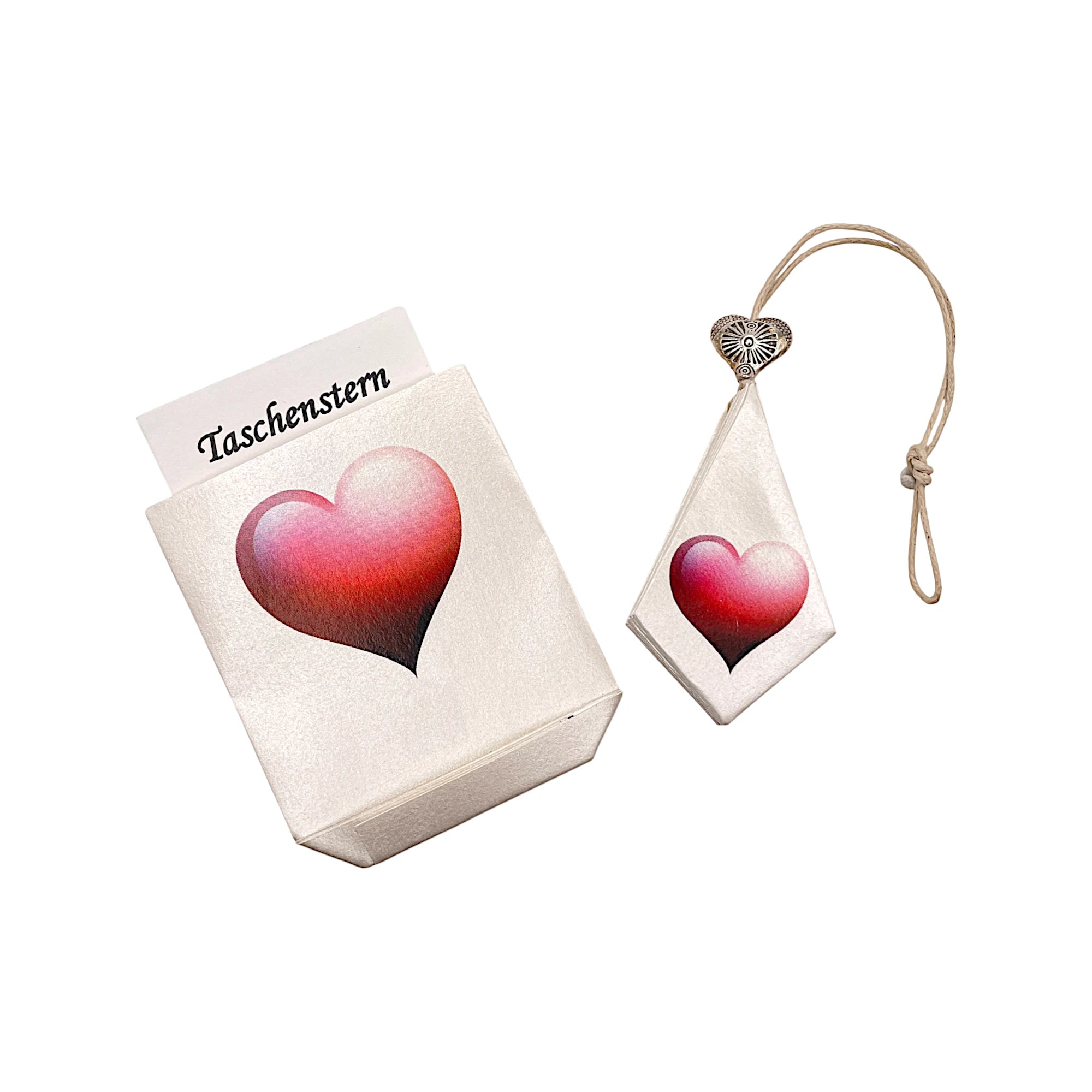 Zusammengelegter Papierstern mit Herzdesign in Rot, verpackt im passenden Etui