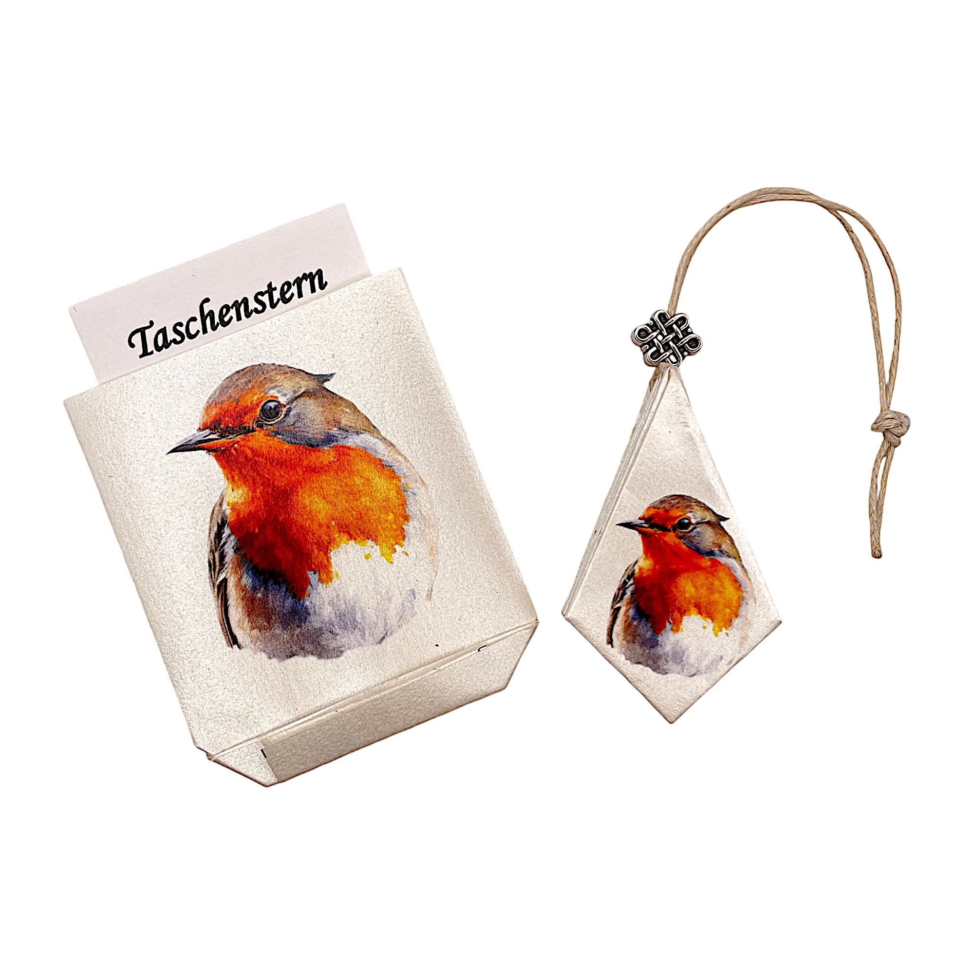 Papierstern Rotkehlchen, zusammengeklappt mit passendem Etui.
