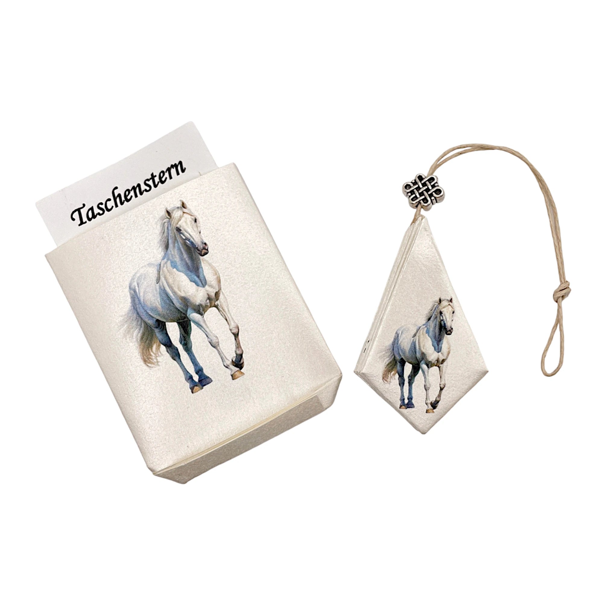 Faltstern-Taschenstern mit Schimmel-Pferdemotiv, zusammengelegt im passenden Etui