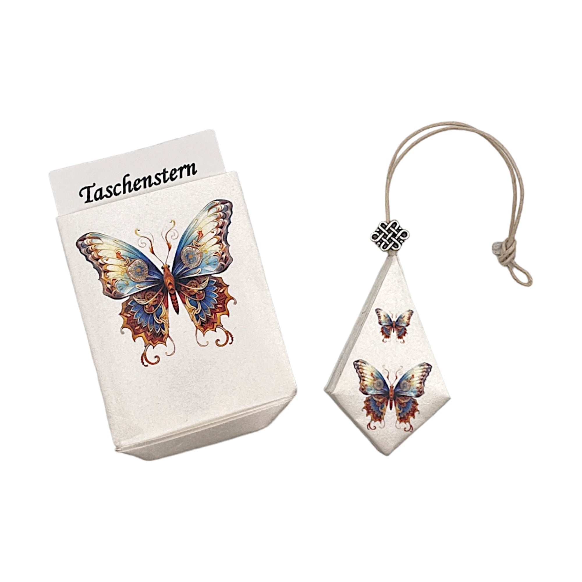 Faltstern-Taschenstern mit Jugendstil-Schmetterling, zusammengelegt im passenden Etui