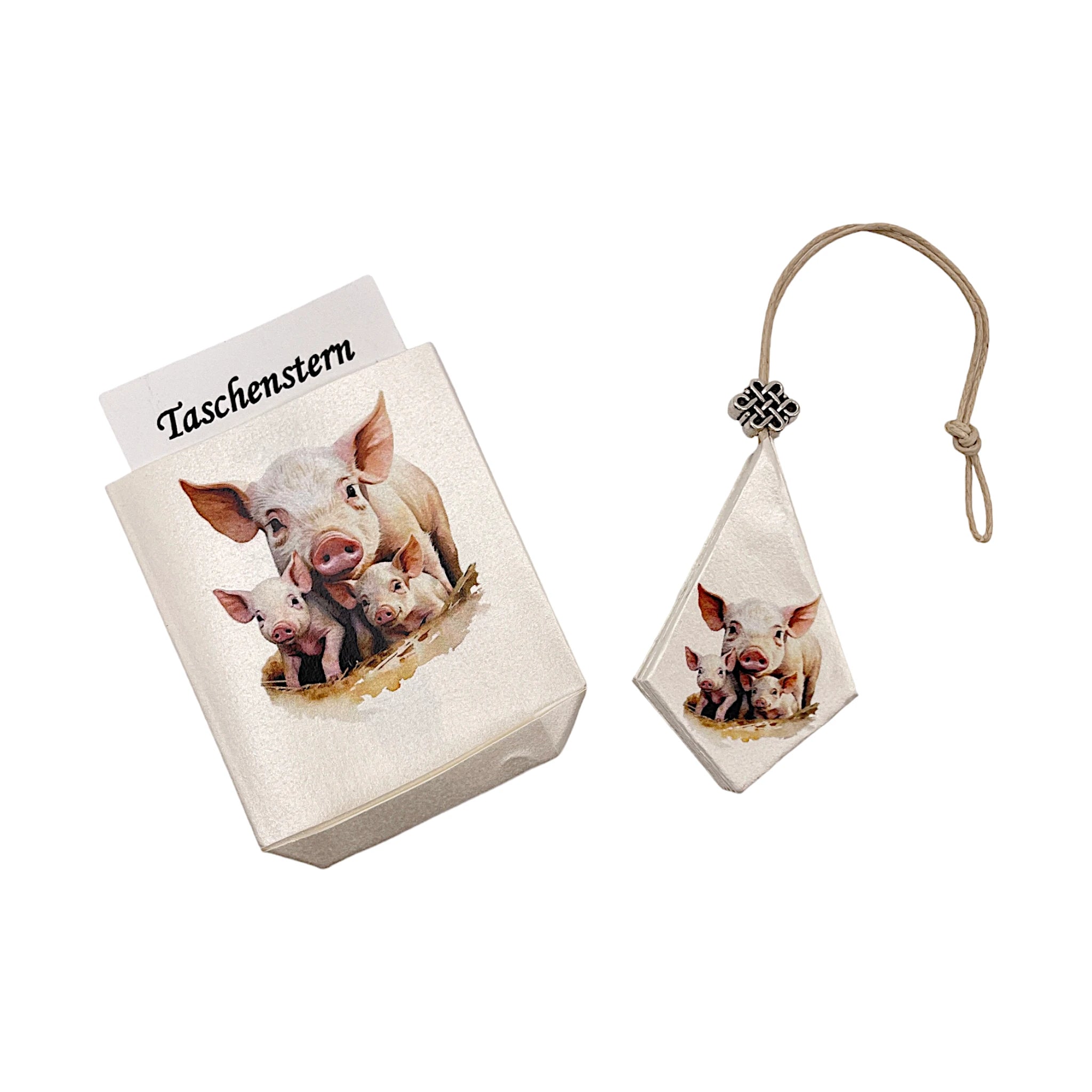 Faltstern-Taschenstern mit Schweinemotiv, zusammengelegt im passenden Etui