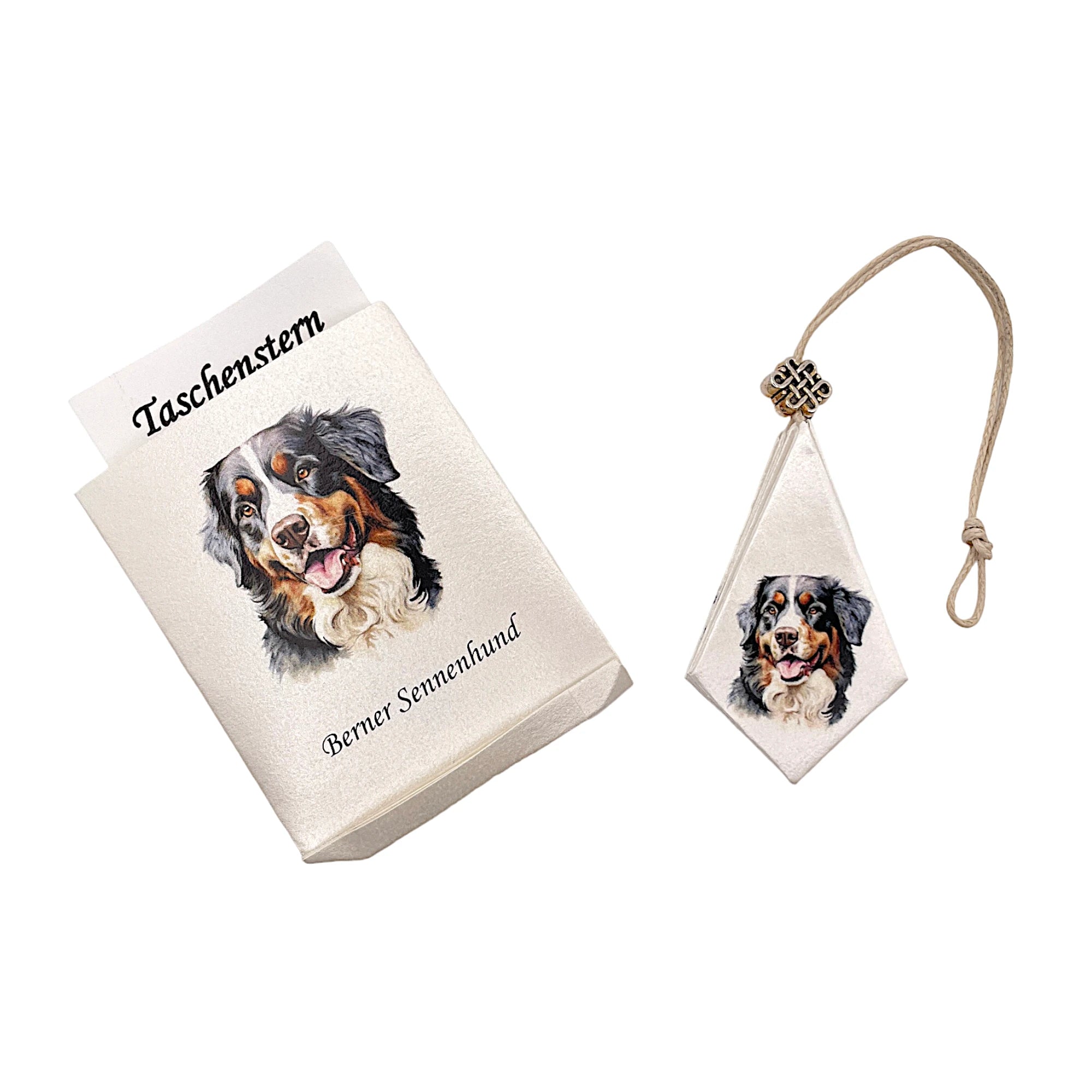 Faltstern-Taschenstern mit Sennenhund-Motiv, zusammengelegt im passenden Etui