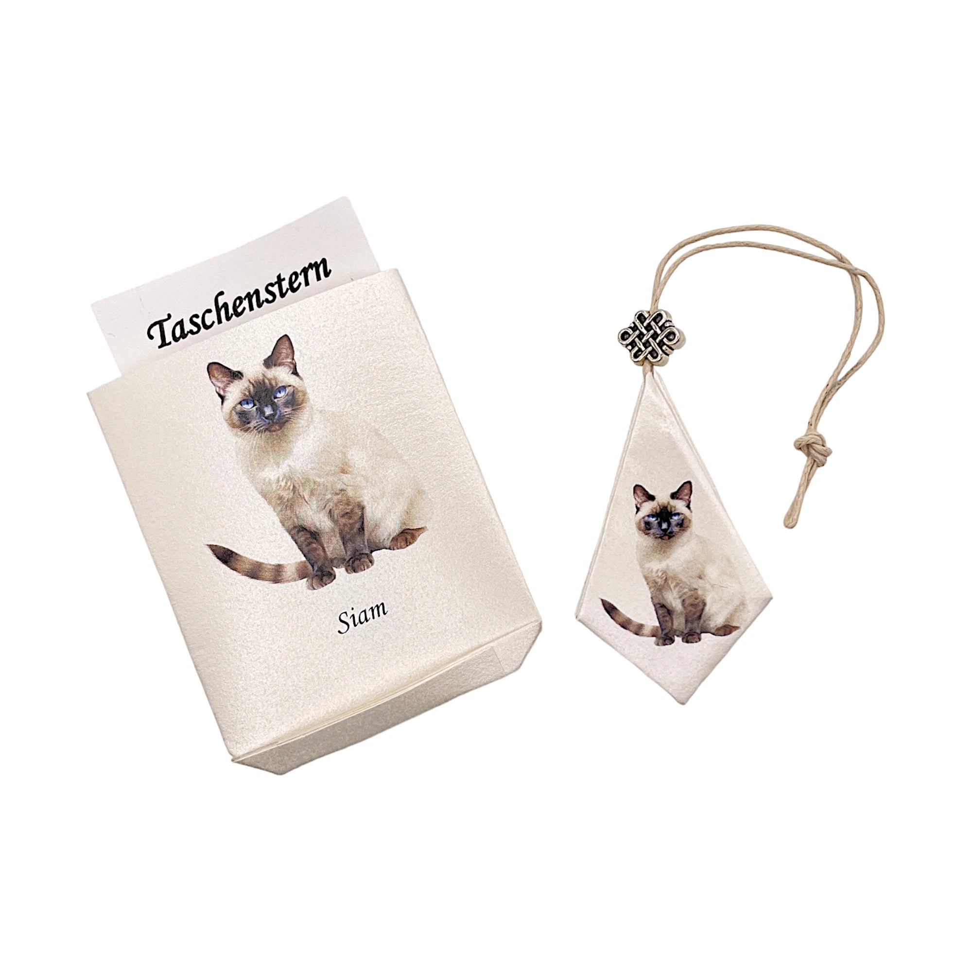 Faltstern-Taschenstern mit Siamkatzen-Motiv, sicher im passenden Etui verstaut