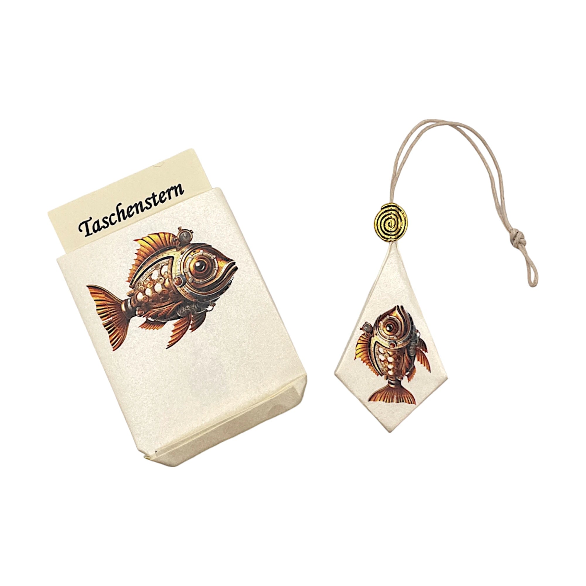 Zusammengelegter Papierstern mit Steampunk-Fisch in Gold, sicher verpackt