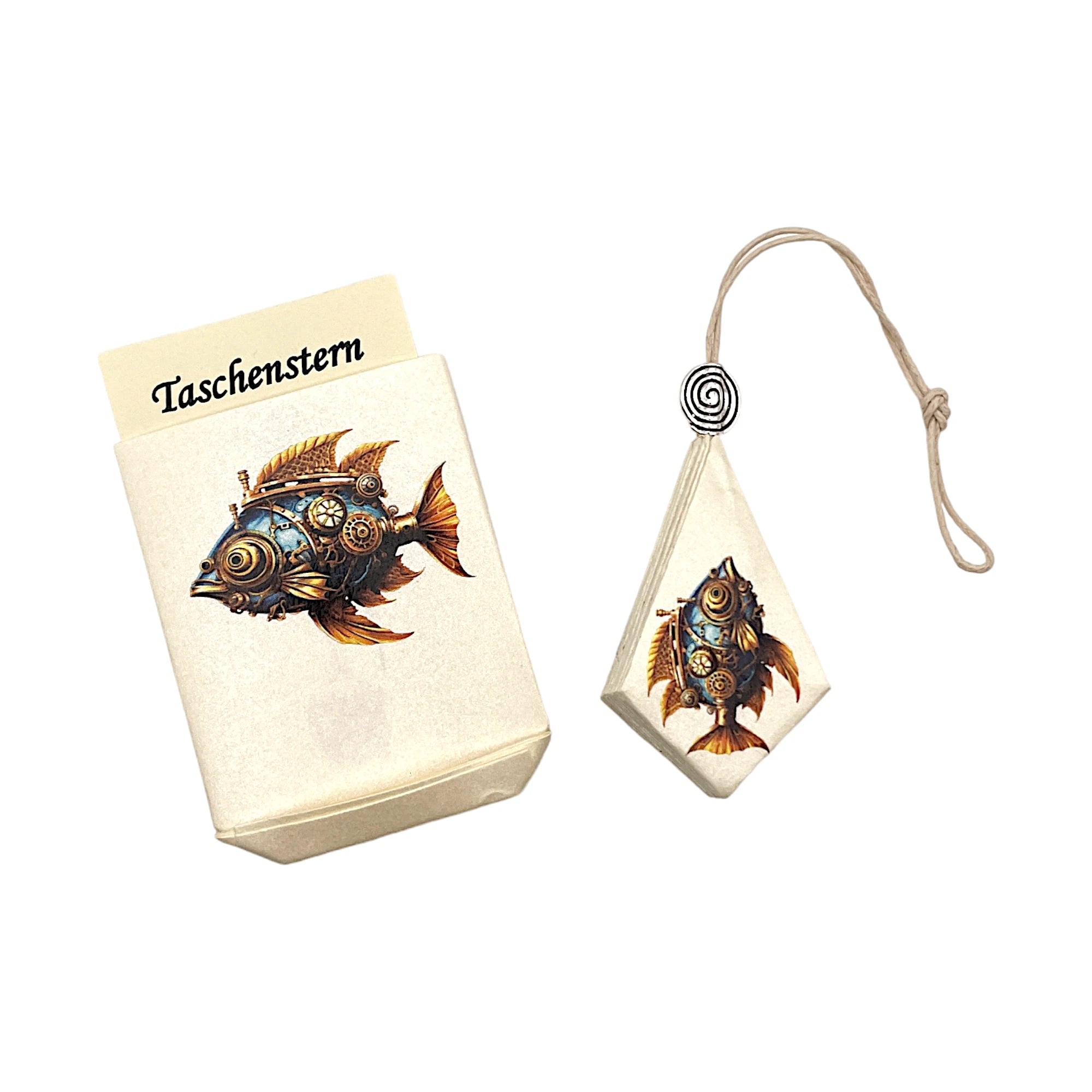 Zusammengelegter Papierstern mit türkisfarbenem Steampunk-Fisch, sicher verstaut