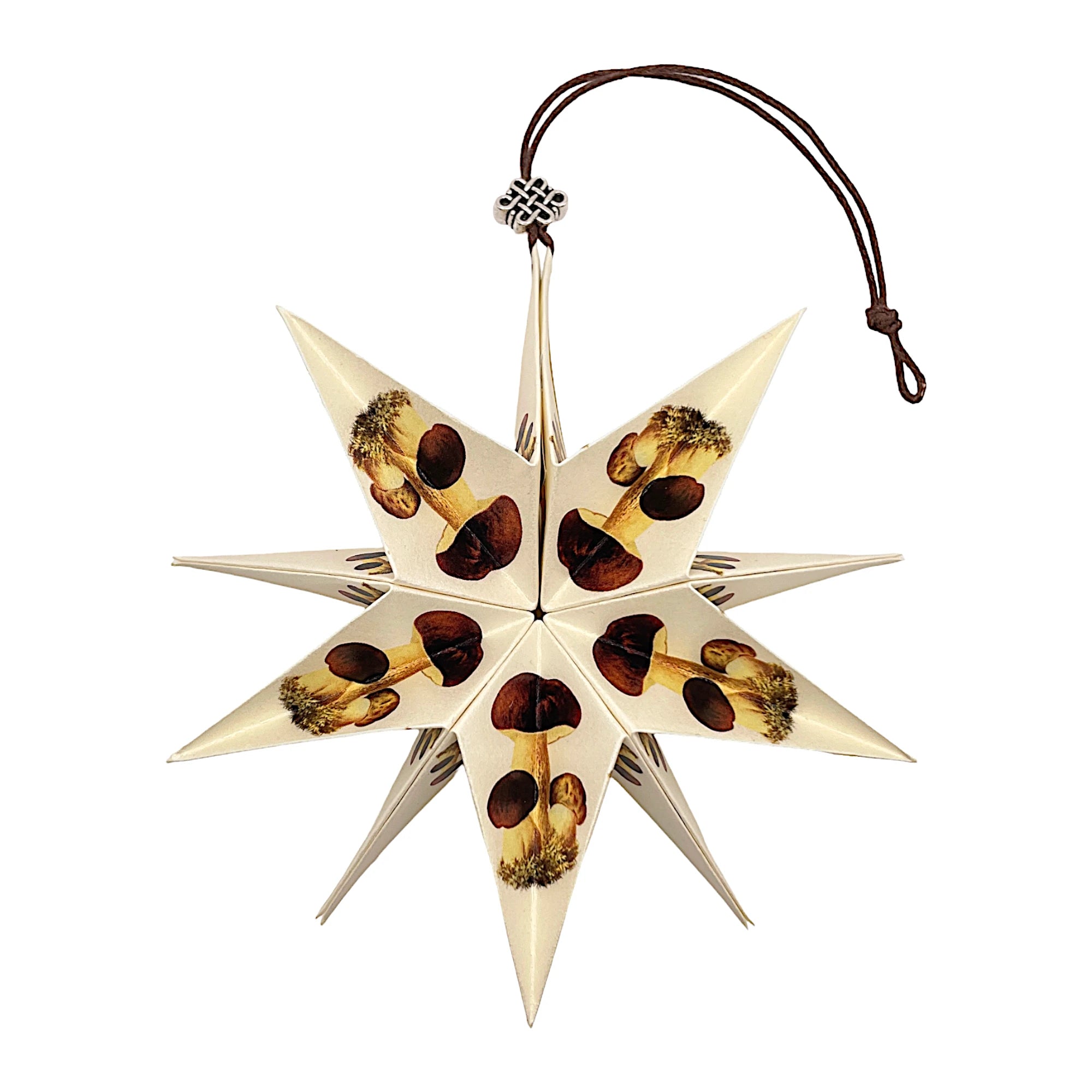 Papierstern mit naturgetreuem Steinpilz-Motiv, kunstvoll gefaltet