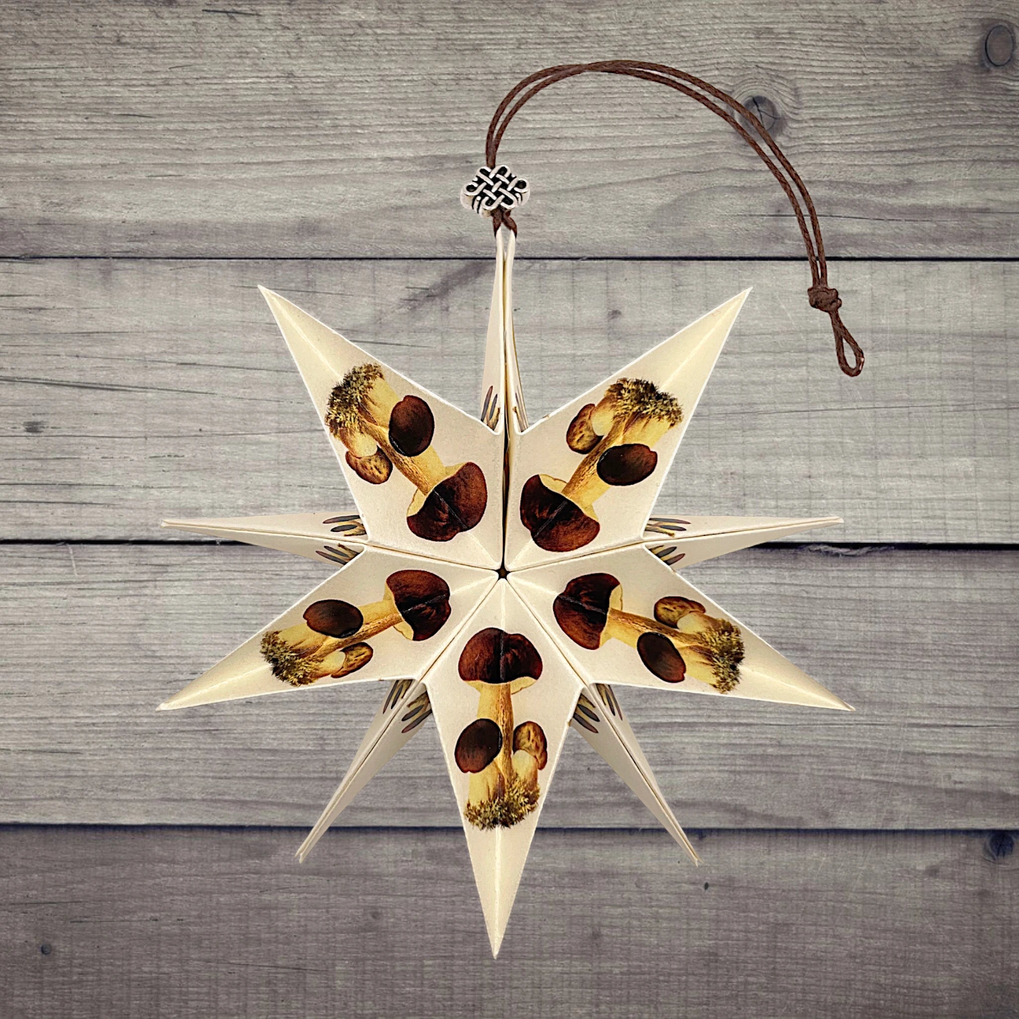 Dekorativer Papierstern mit herbstlichem Pilzmotiv, arrangiert auf Holzhintergrund