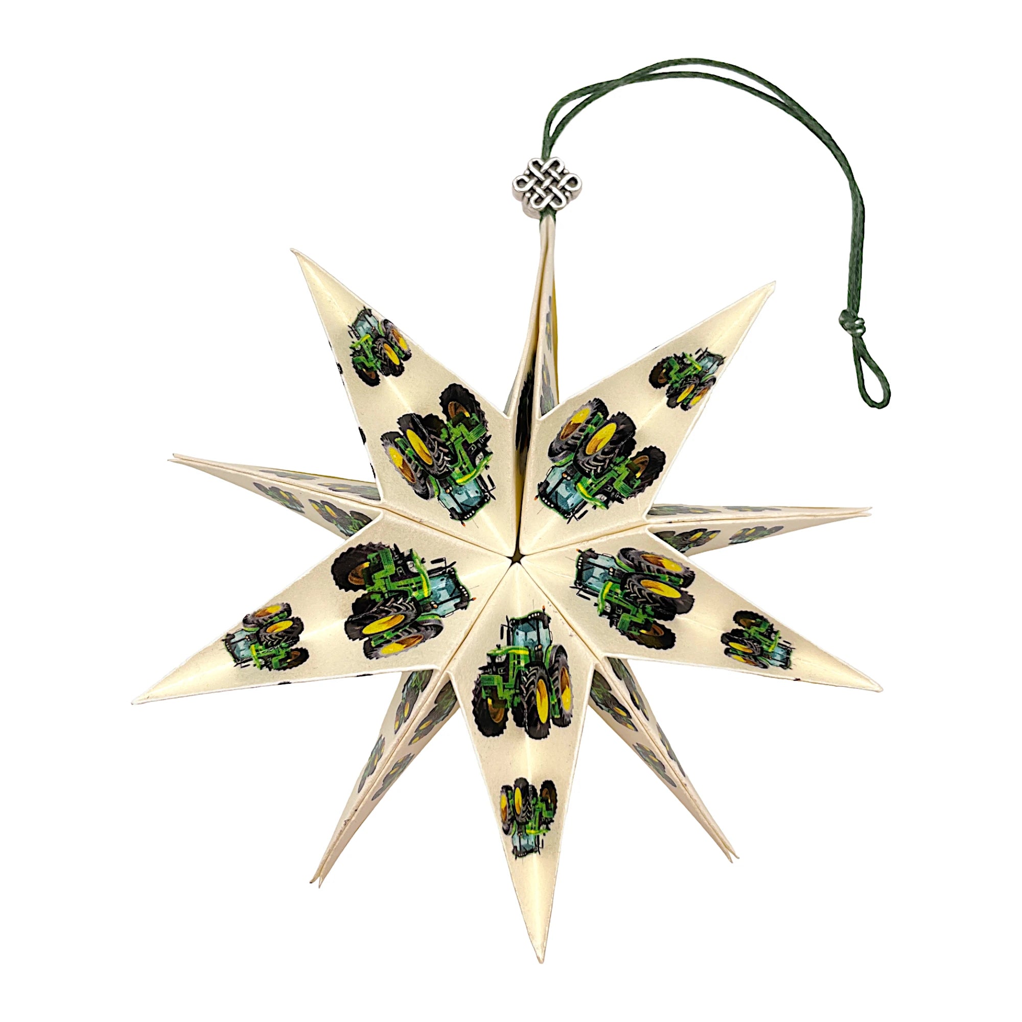 Papierstern mit grünem Traktor-Motiv, kunstvoll gefaltet aus hochwertigem Papier