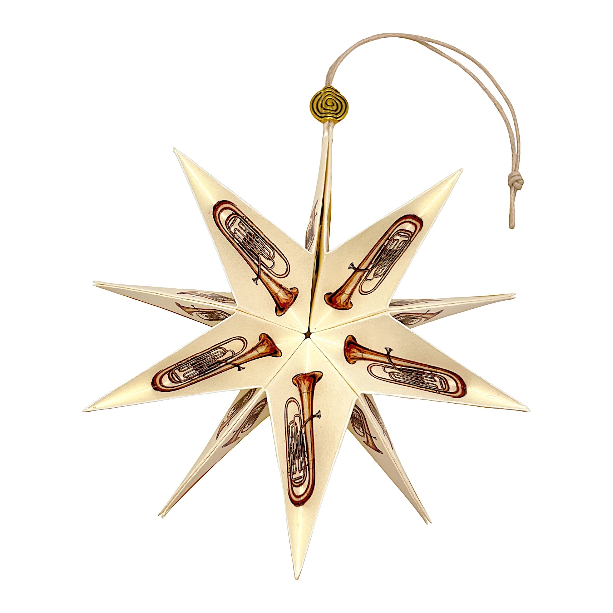 Papierstern mit detailreichem Tubamotiv, kunstvoll gefaltet aus edlem Papier