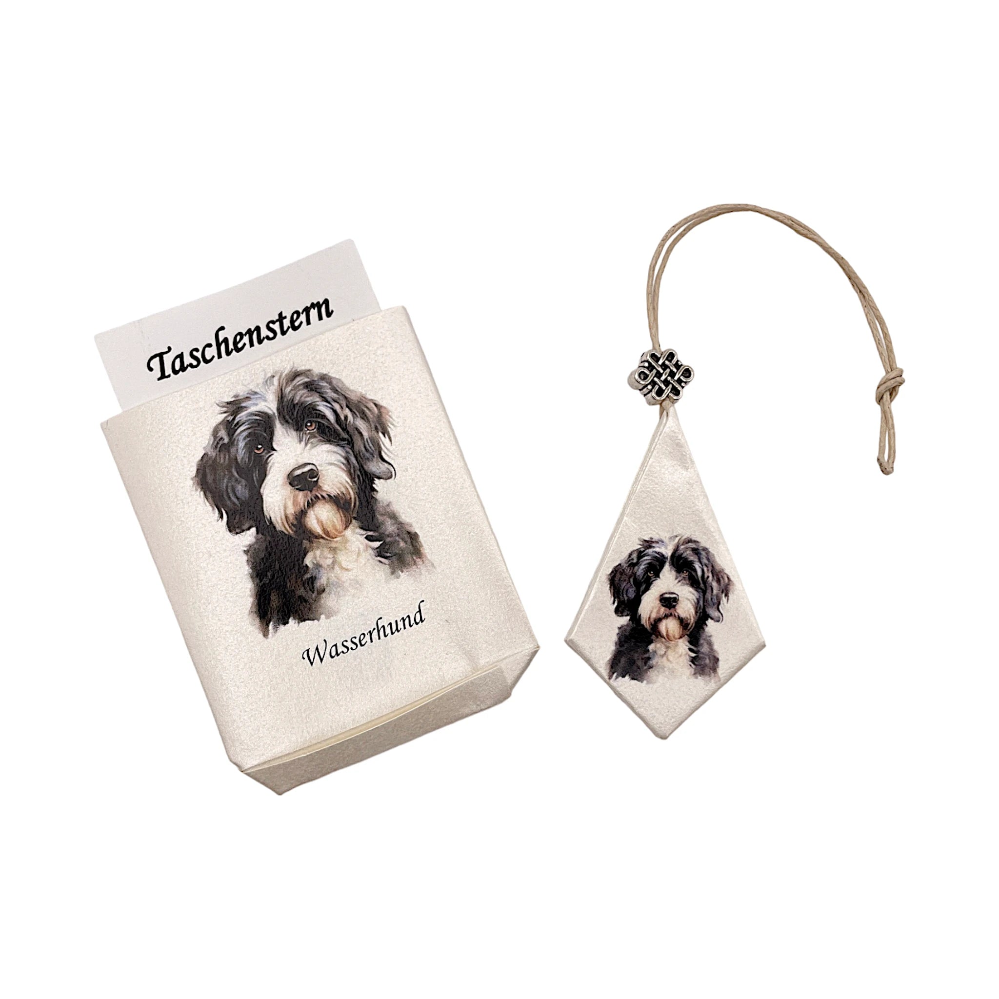 Faltstern-Taschenstern mit Wasserhund-Motiv, zusammengelegt im passenden Etui