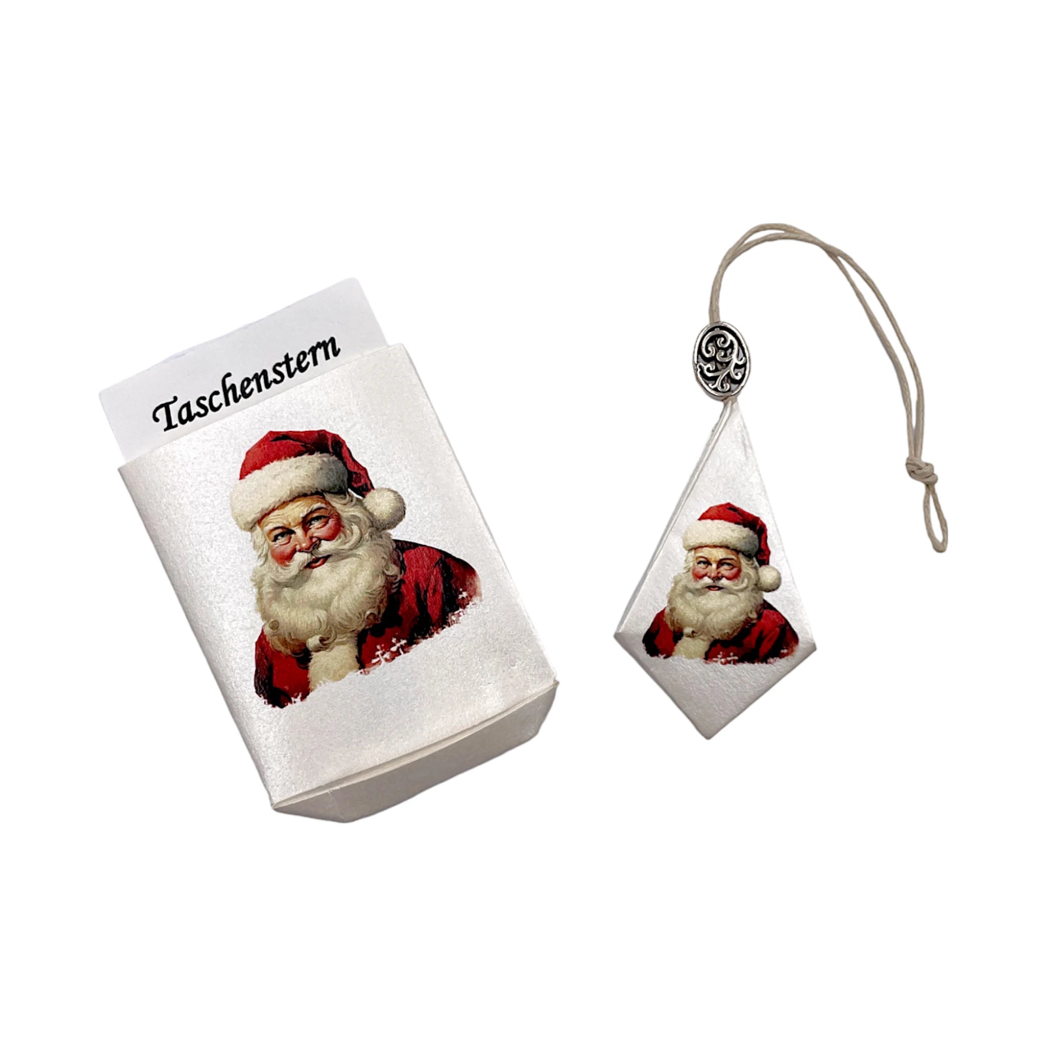 Zusammengelegter Papierstern mit Weihnachtsmann-Design, im passenden Etui verstaut