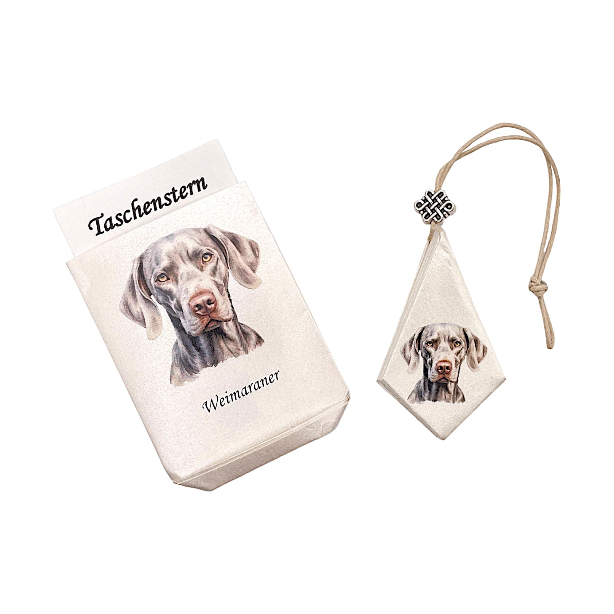 Faltstern-Taschenstern mit Weimaraner-Motiv, zusammengelegt im passenden Etui