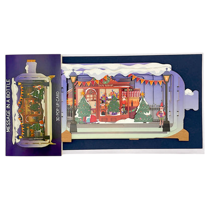 3D Pop-up Karte mit einem nostalgischen Spielwarenladen als detailreiches Motiv.