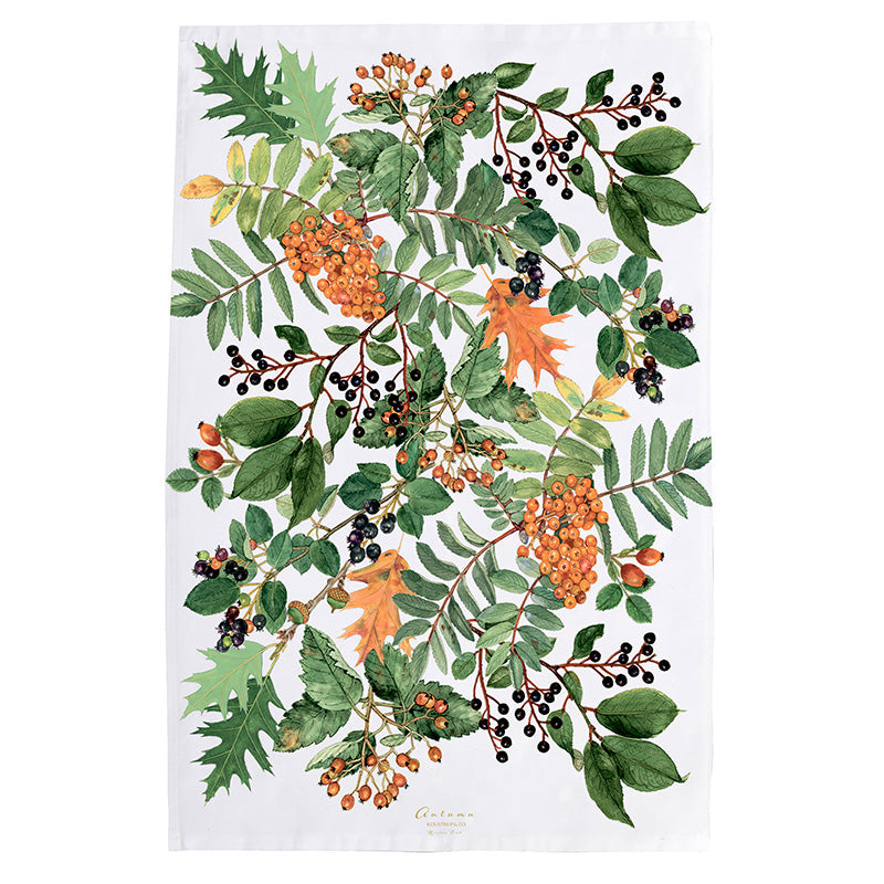 Nachhaltiges Bio-Geschirrtuch mit herbstlichem Blattmotiv aus 100 % Bio-Baumwolle im dänischen Design.
