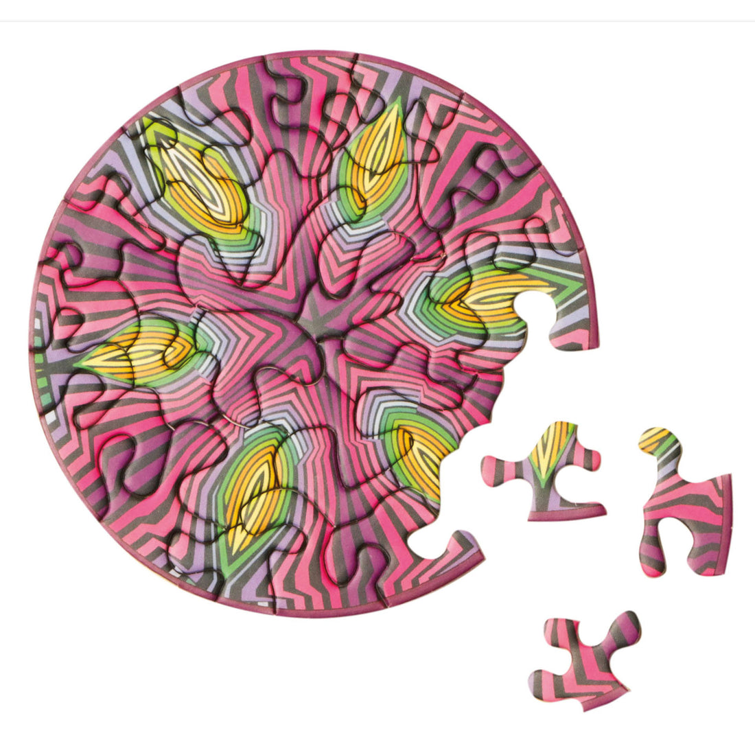 Gelegtes Curiosi Puzzle mit Hippie-Motiv und außergewöhnlicher Puzzleteilform.