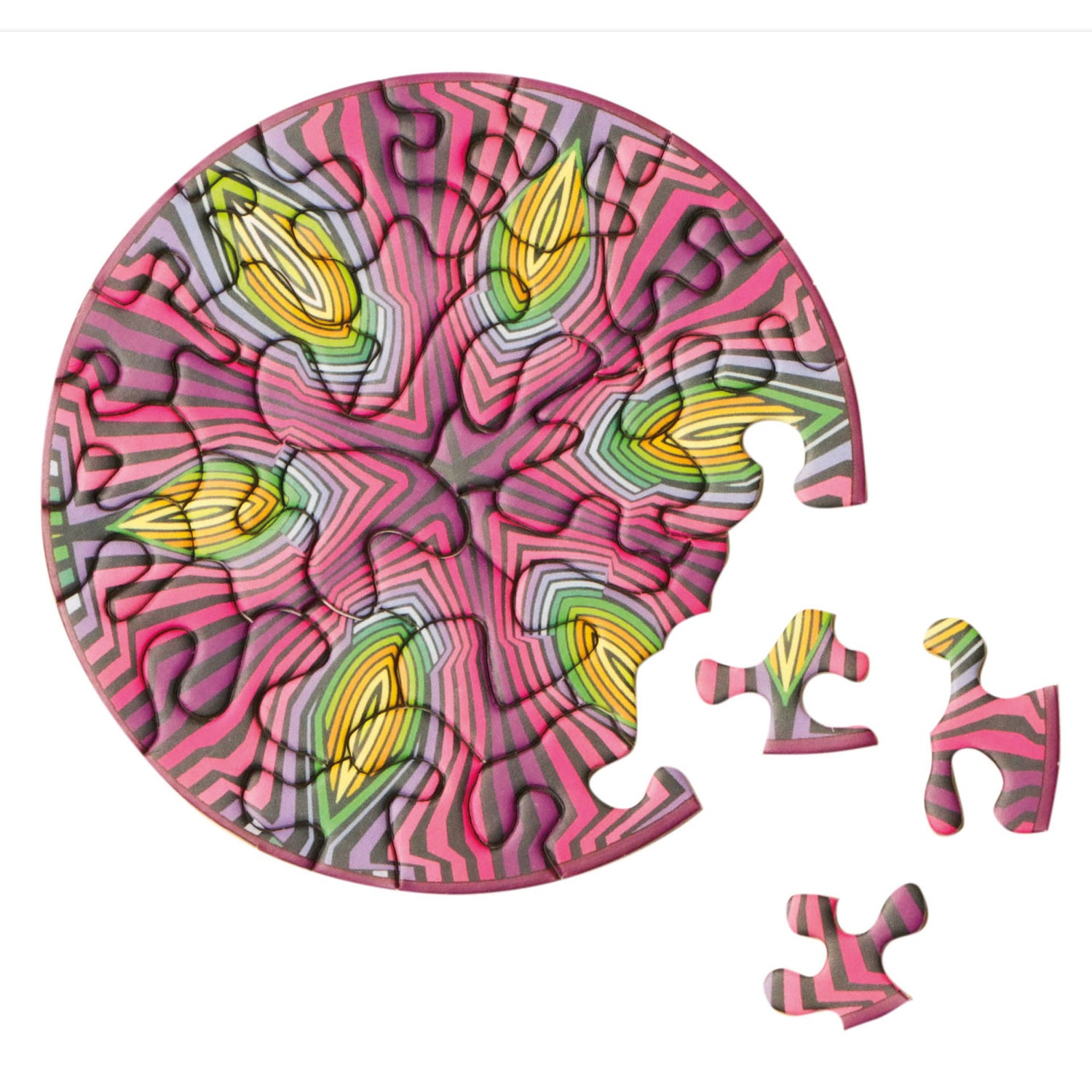 Gelegtes Curiosi Puzzle mit Hippie-Motiv und außergewöhnlicher Puzzleteilform.