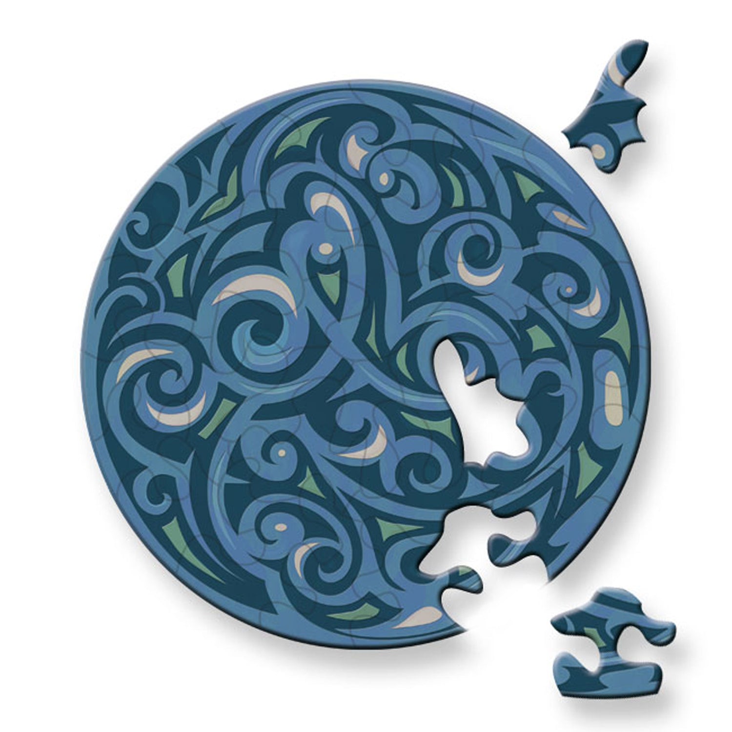 Gelegtes Curiosi Puzzle mit Windmotiv und außergewöhnlicher Puzzleteilform.